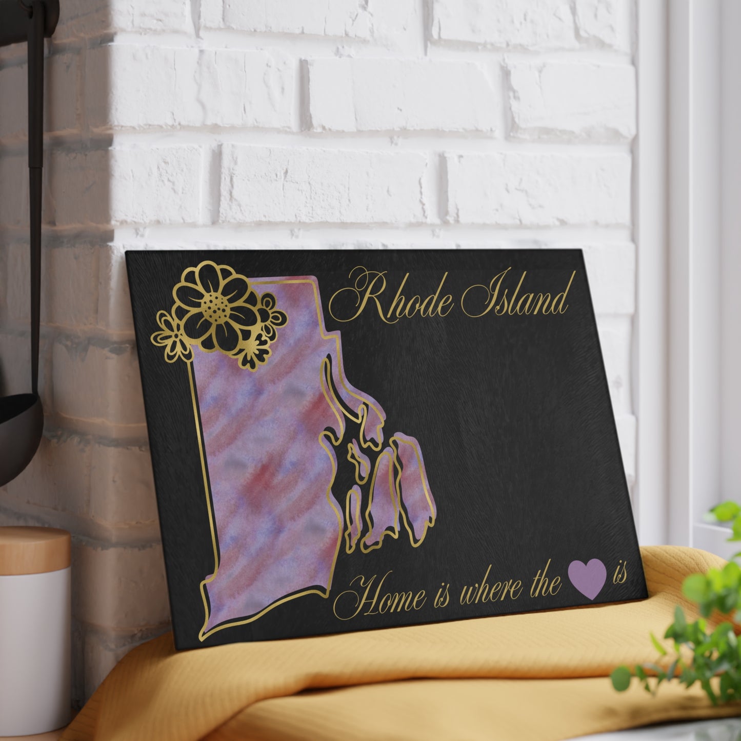 🖤 Rhode Island State Cutting Board – Elegant Watercolor Pride with Gold Florals 💜