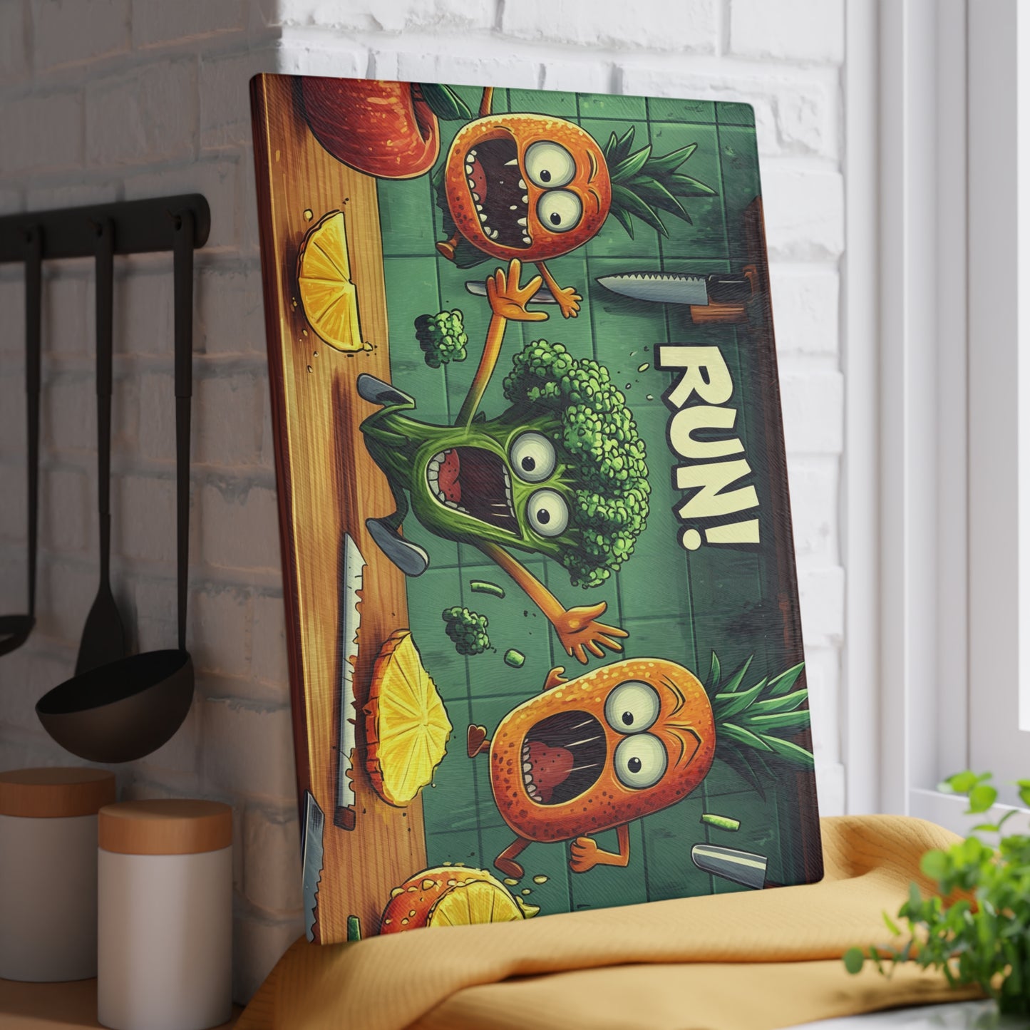 Tabla de cortar de vidrio "¡CORRE!" - Decoración de cocina de humor de Scared Veggies 😱🔪