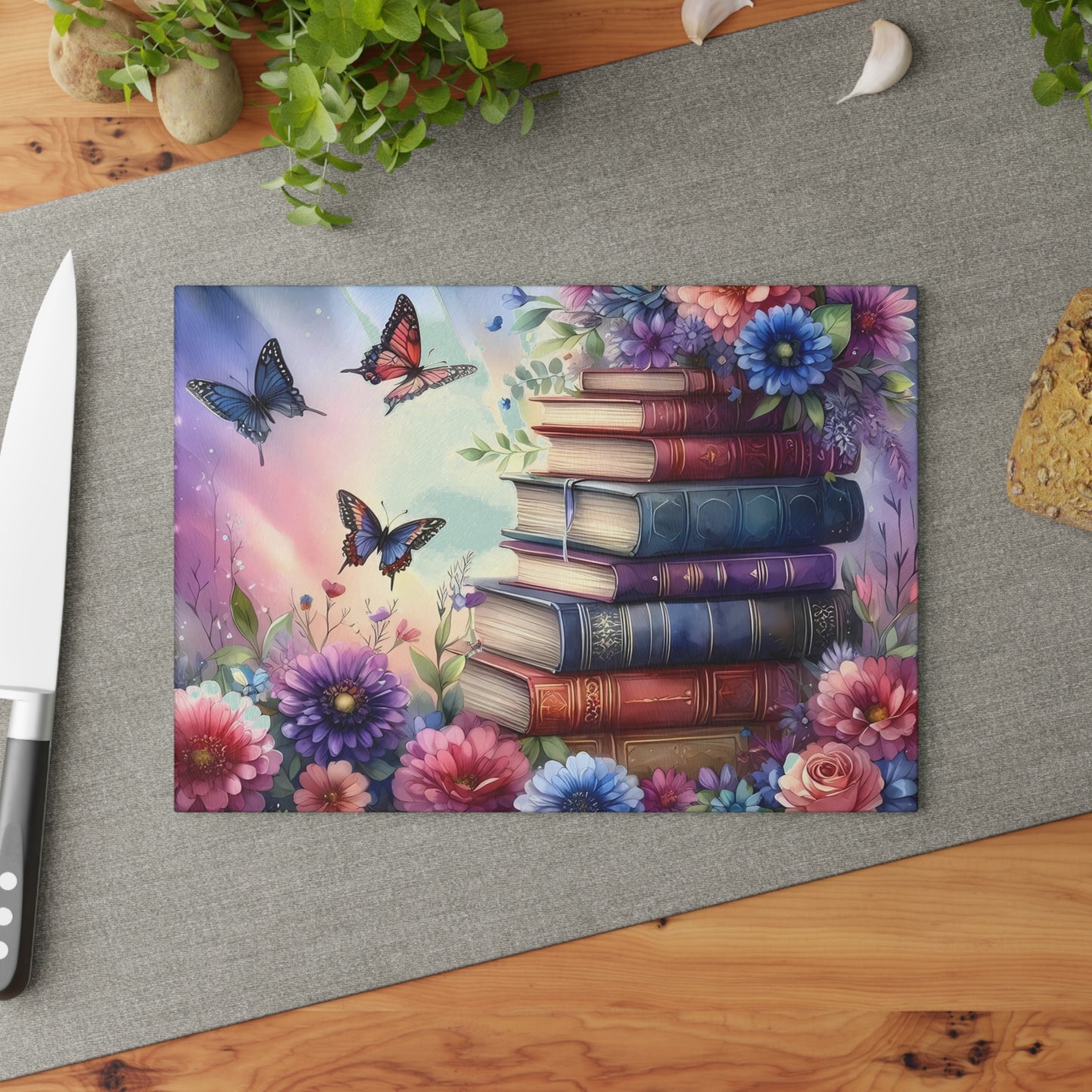 Tabla de cortar con forma de mariposa, regalo para amantes de los libros, tabla de cortar de vidrio, tabla de vidrio templado, regalo para ratones de biblioteca, idea de regalo de cocina, decoración de cocina única
