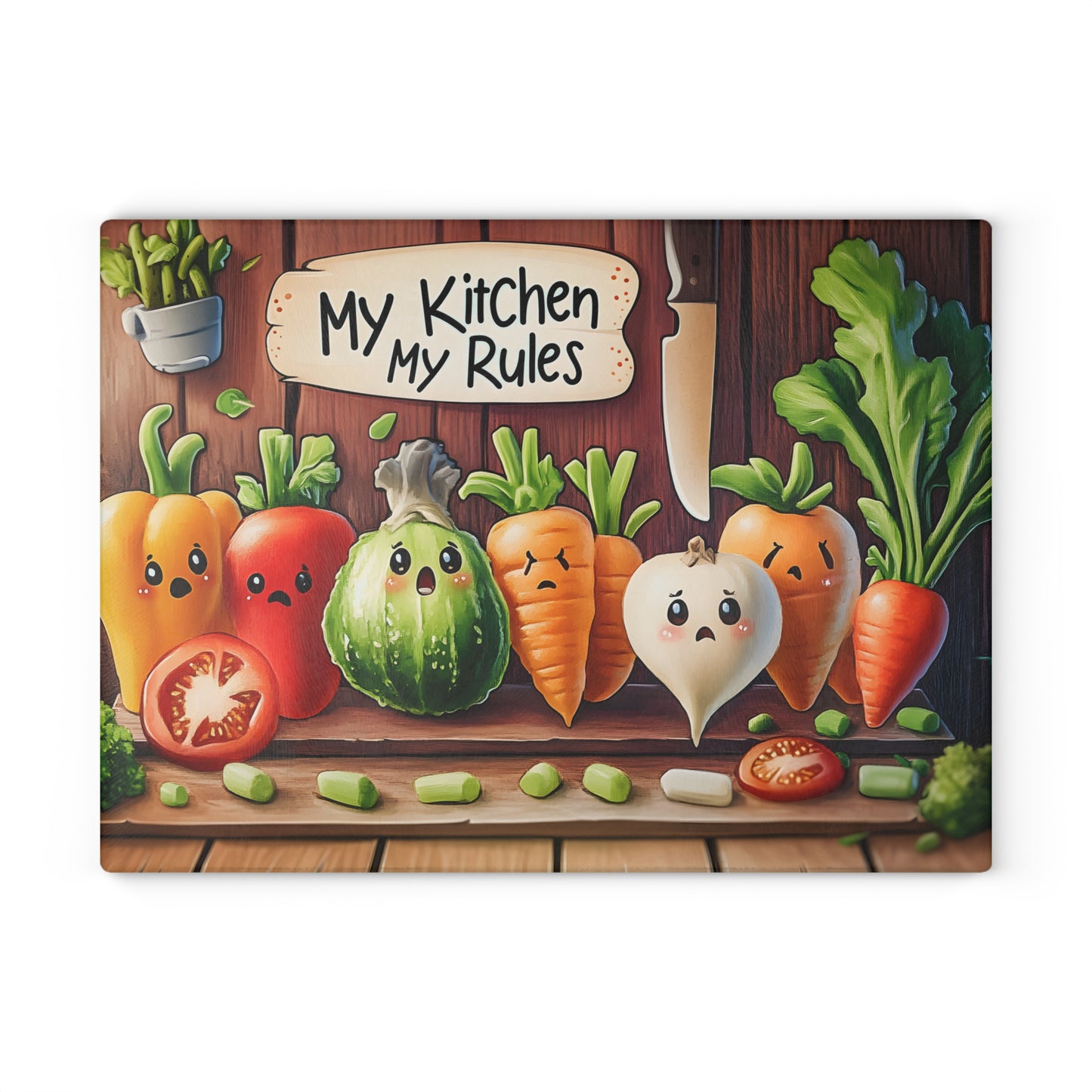 Tabla de cortar de vidrio “Mi cocina, mis reglas” – Verduras asustadas y humor de cocina atrevido
