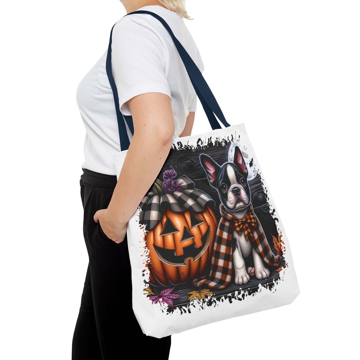 🎃 Boston Terrier Halloween Tote Bag – Spooky Cute with Plaid Style 🐾🖤👜