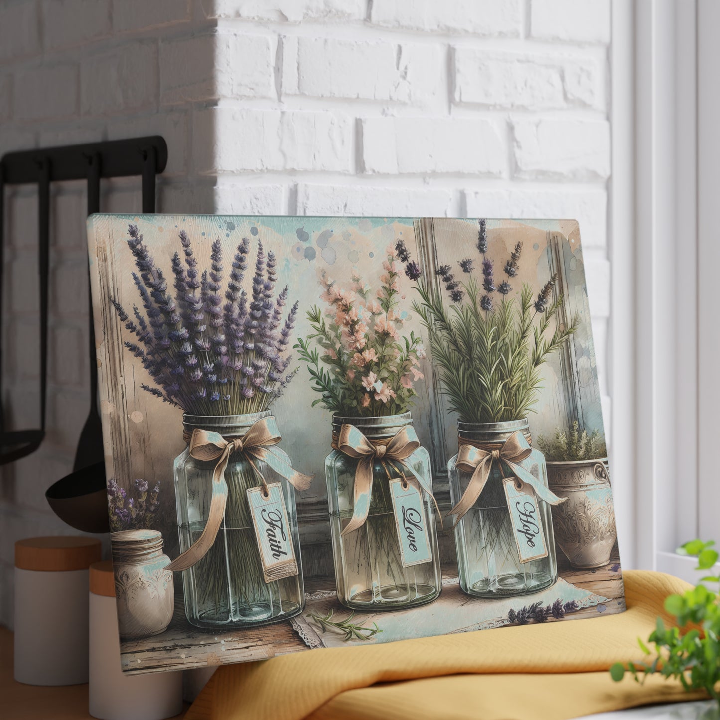 Tabla de cortar Fe, Amor y Esperanza: Dije rústico en tarro de cristal con inspiración floral