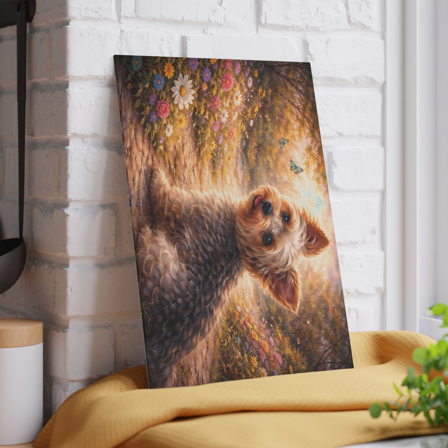 Whimsical Yorkshire Terrier Garden Glass Cutting Board – Personalized Dog Lover Floral Artwork