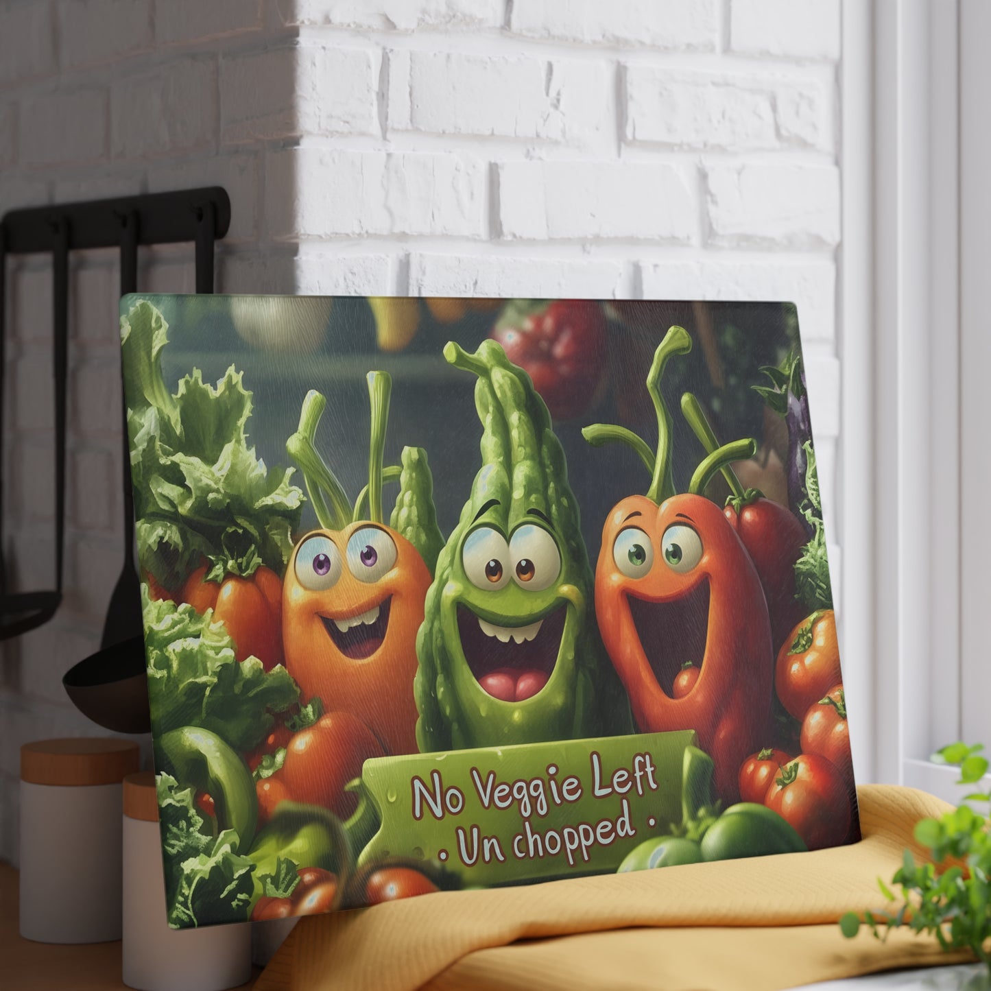 Tabla de cortar de vidrio “Ninguna verdura sin picar” – Humor de cocina con verduras que ríen 😆🍅
