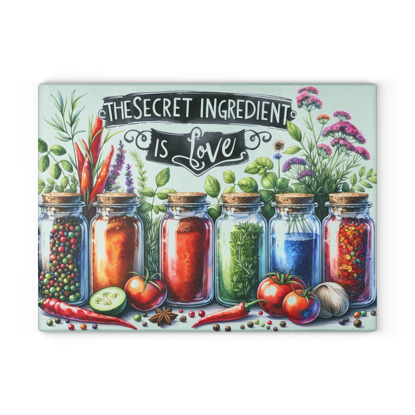 🌿 The Secret Ingredient Is Love Cutting Board – Colorful Herbs & Spices with Farmhouse Charm 🍅💚