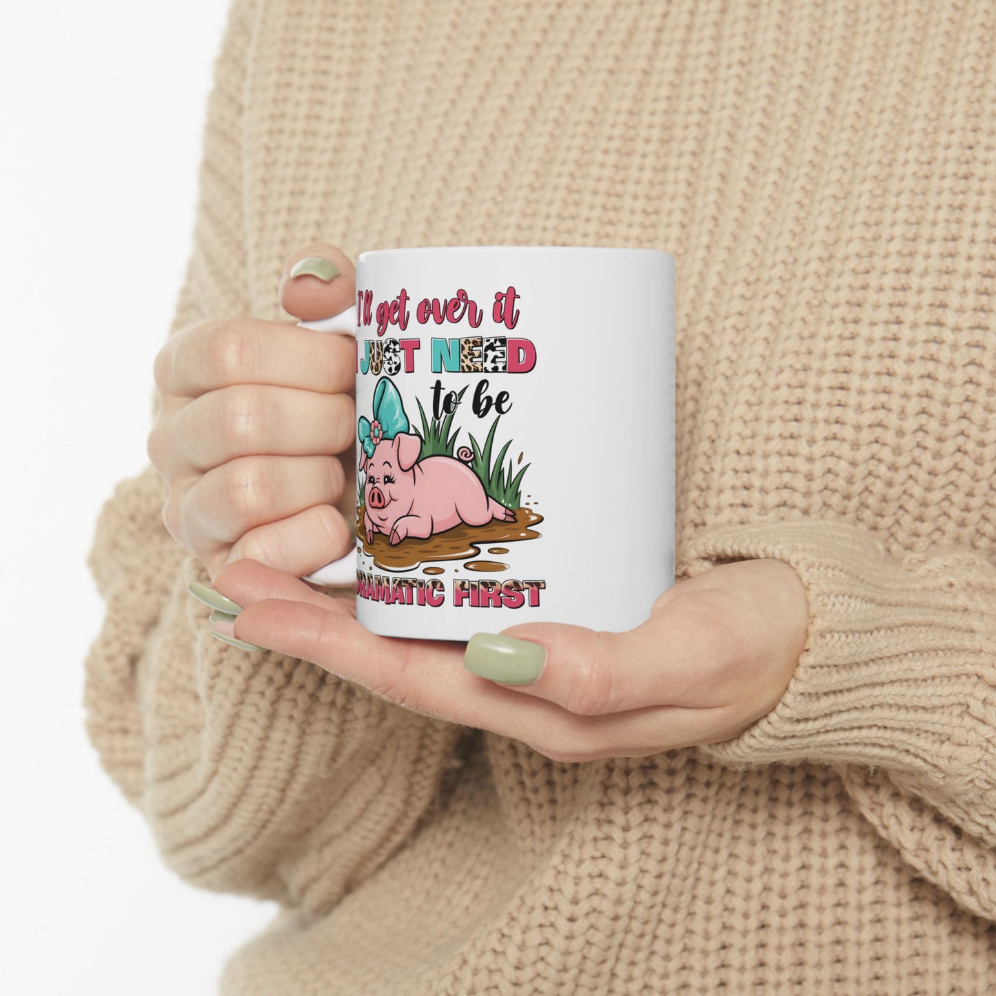 🐷 Lo superaré... Solo necesito ser dramático primero Taza – Pink Pig Sass con estampado de leopardo