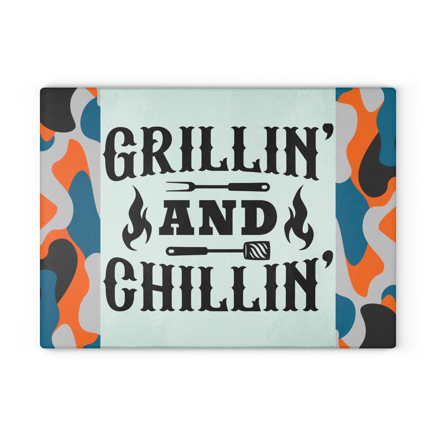 🔥 GRILLIN AND CHILLIN Glass Cutting Board – Camouflage BBQ Prep Style 🍔