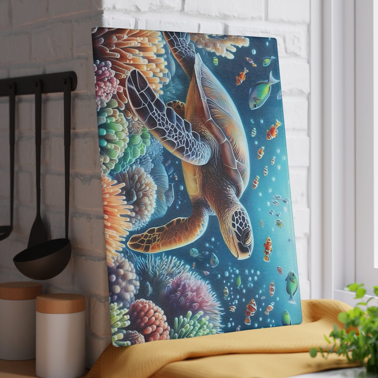 Tabla de cortar con diseño de tortuga marina y arrecife de coral: belleza oceánica serena para tu cocina