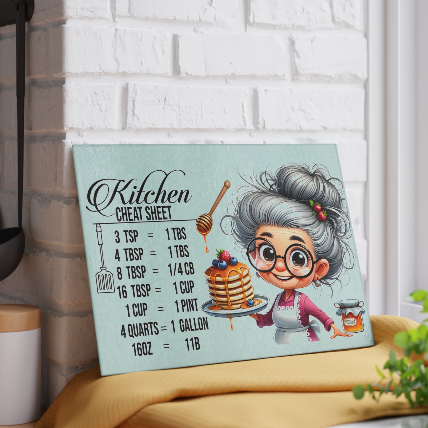Tabla de cortar con trucos para la cocina: adorable abuela y práctica tabla de conversión de cocina