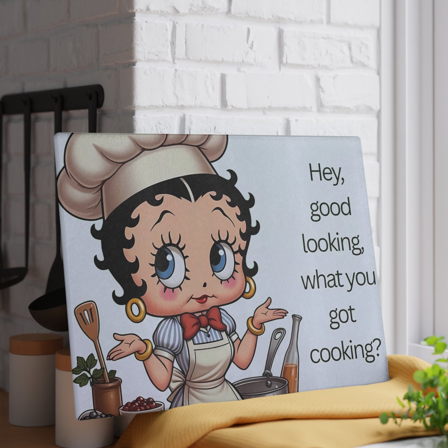 👩🍳 Retro Chef Girl Glass Cutting Board – “Hey Good Looking, What You Got Cooking?”