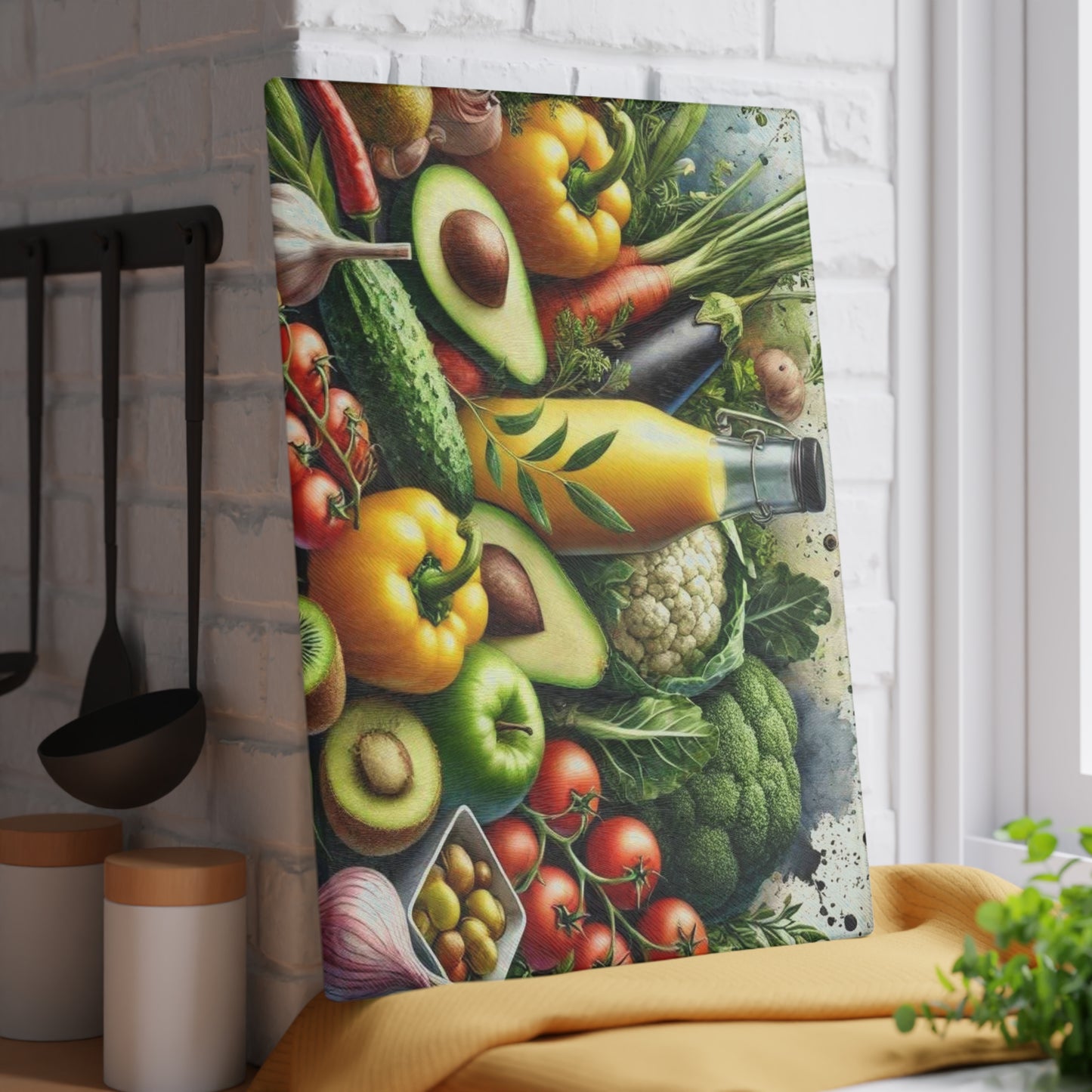 Tabla de cortar de vidrio templado para verduras con una vibrante variedad de verduras frescas