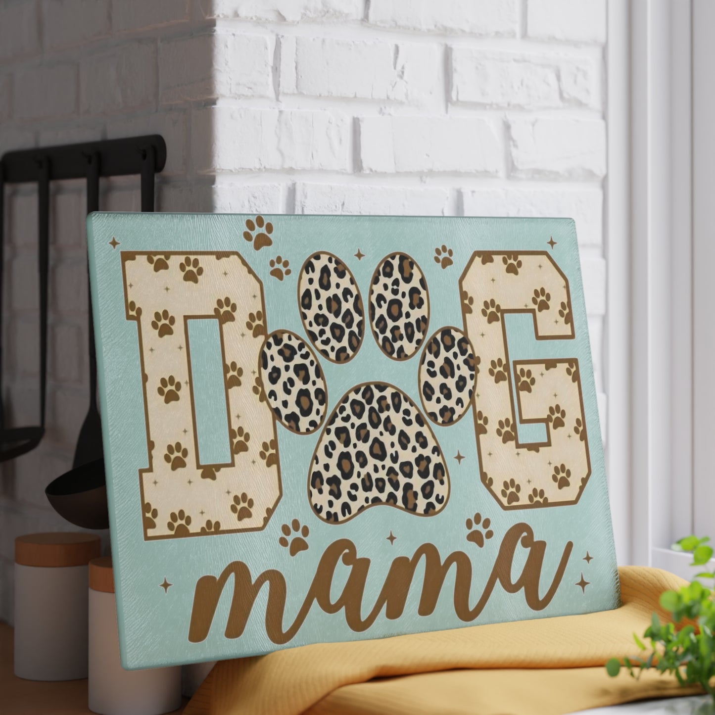 Tabla de cortar de vidrio templado Dog Mama – Diseño de huella de leopardo