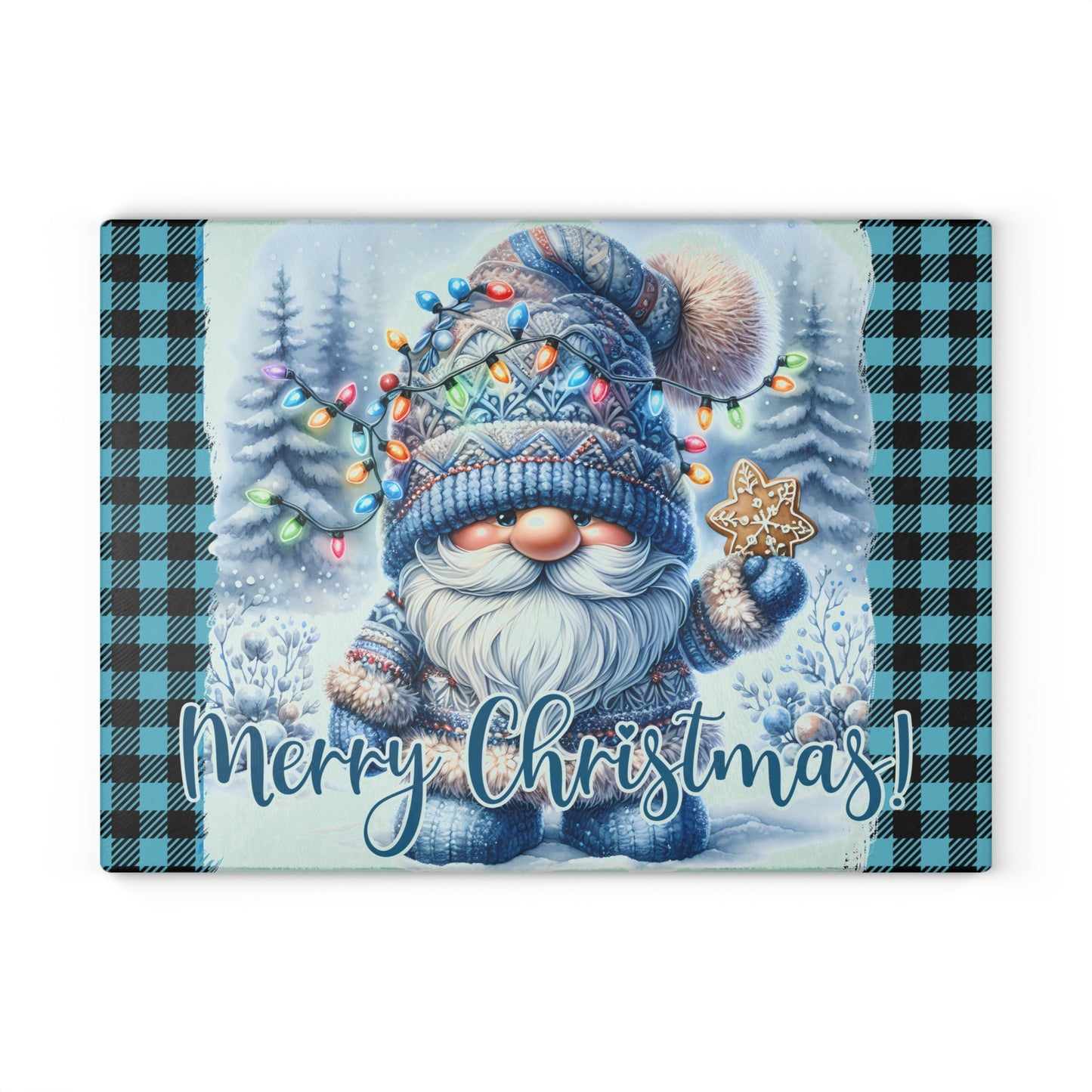 🎄 Blue Plaid Christmas Gnome Cutting Board – Cozy Holiday Charm with Festive Lights & Gingerbread Magic ❄️