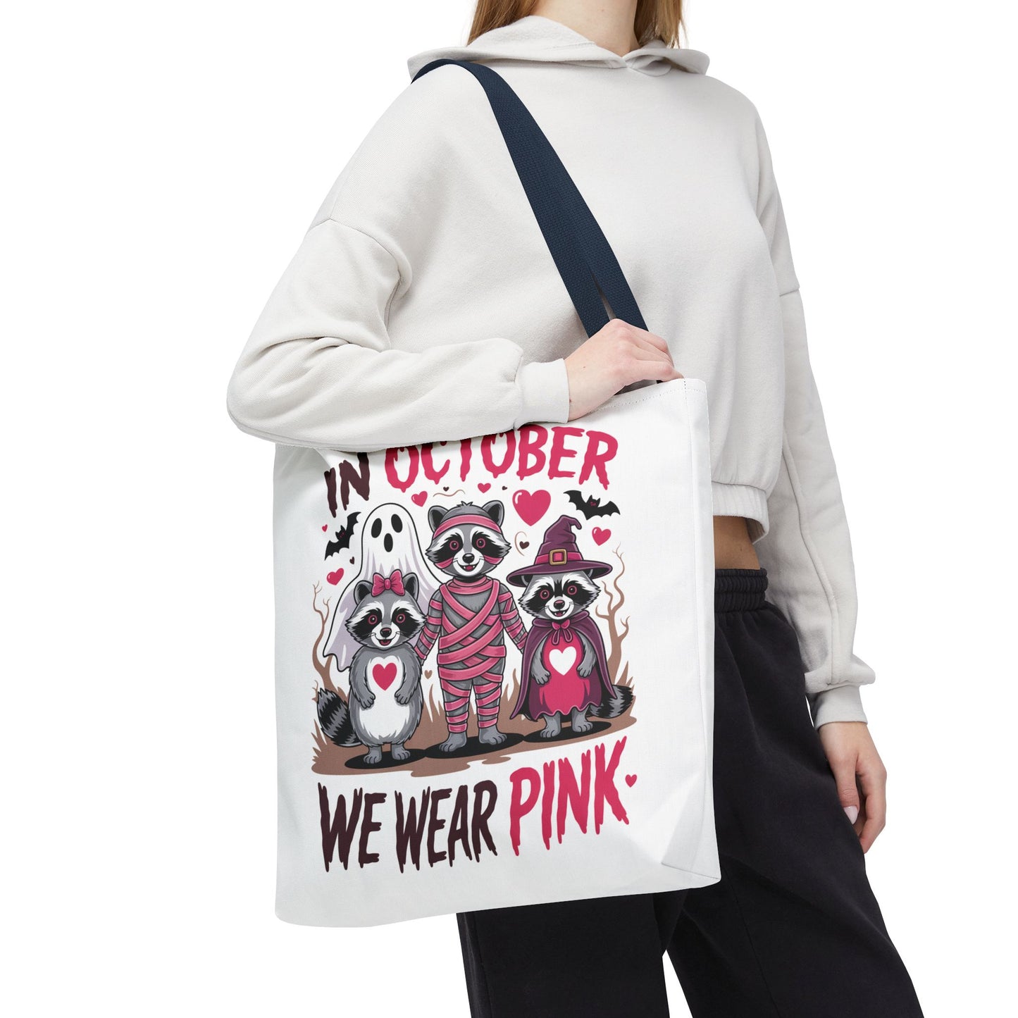 🎀 In October We Wear Pink Raccoon Halloween Tote Bag – Spooky Cute Awareness Style 🦝👜