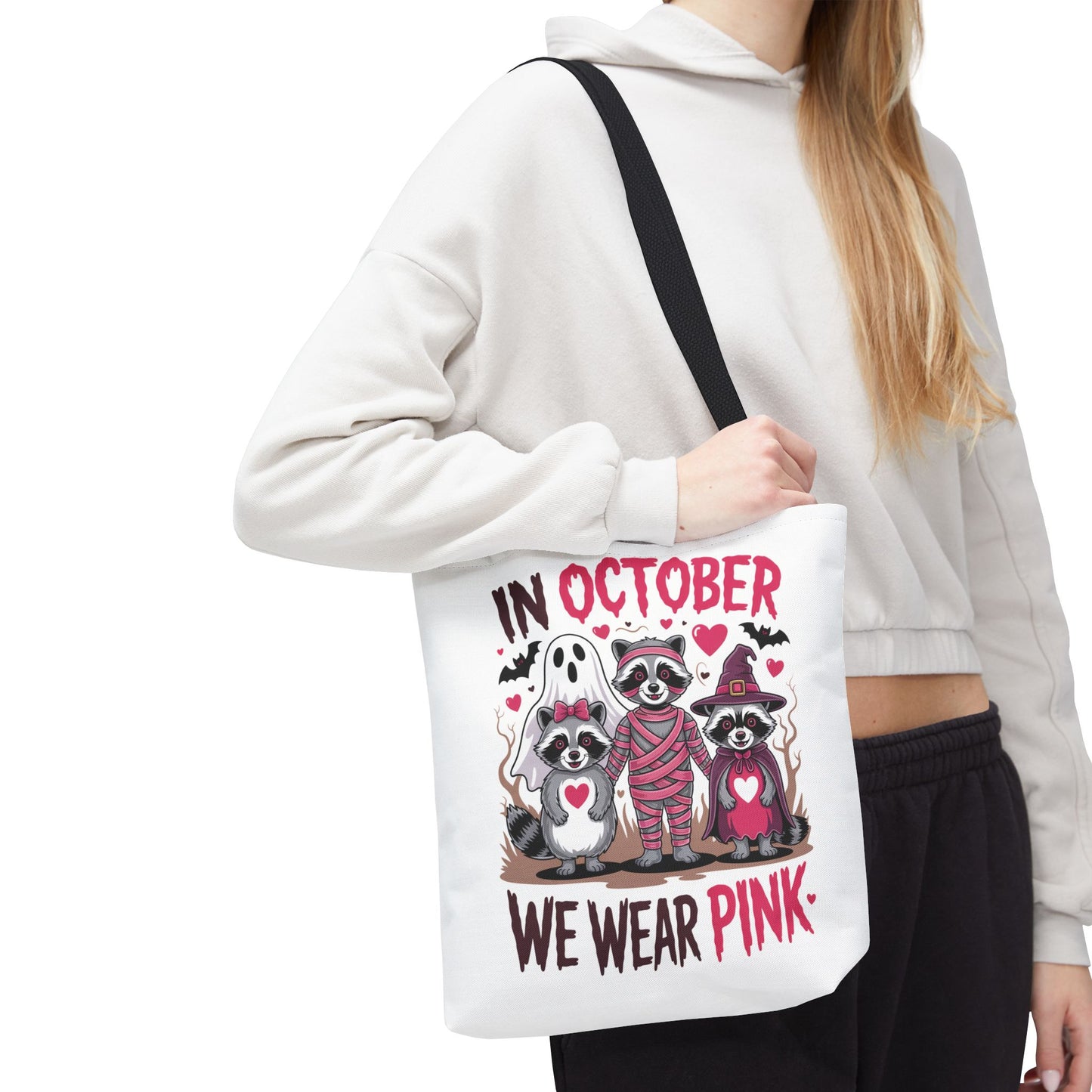 🎀 In October We Wear Pink Raccoon Halloween Tote Bag – Spooky Cute Awareness Style 🦝👜