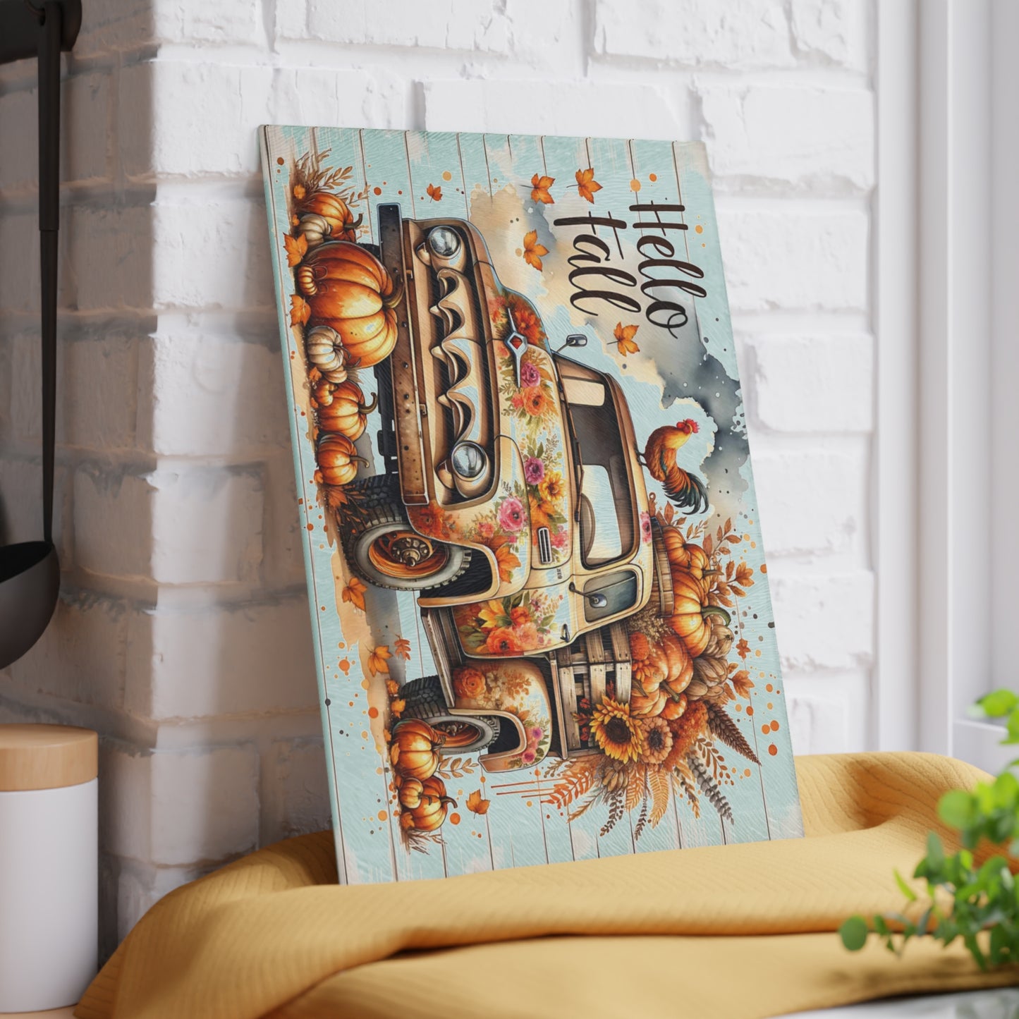 🍂🚜 Hello Fall Truck Cutting Board – Rustic Farmhouse Charm with Pumpkins & Sunflowers 🌻🐓