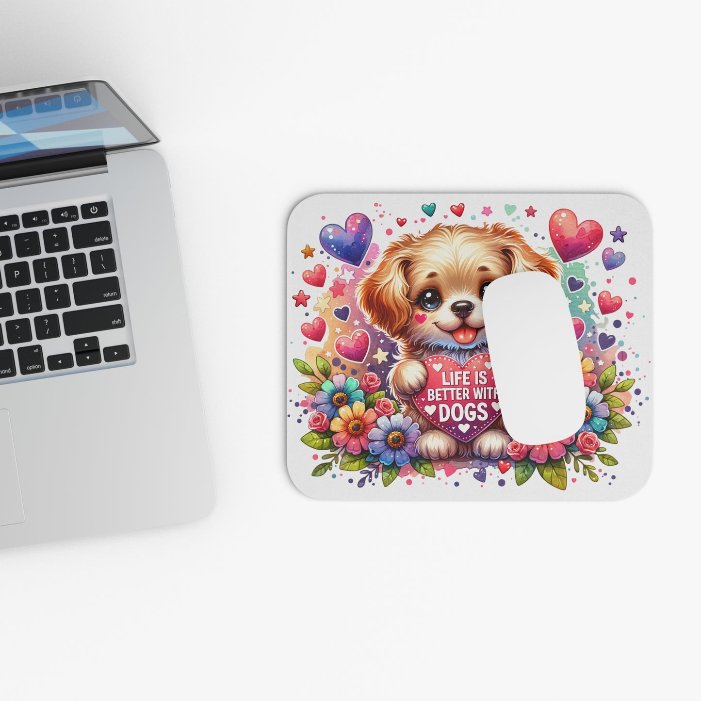 🐶 La vida es mejor con perros: adorable alfombrilla de ratón con forma de cachorro, flores y corazones