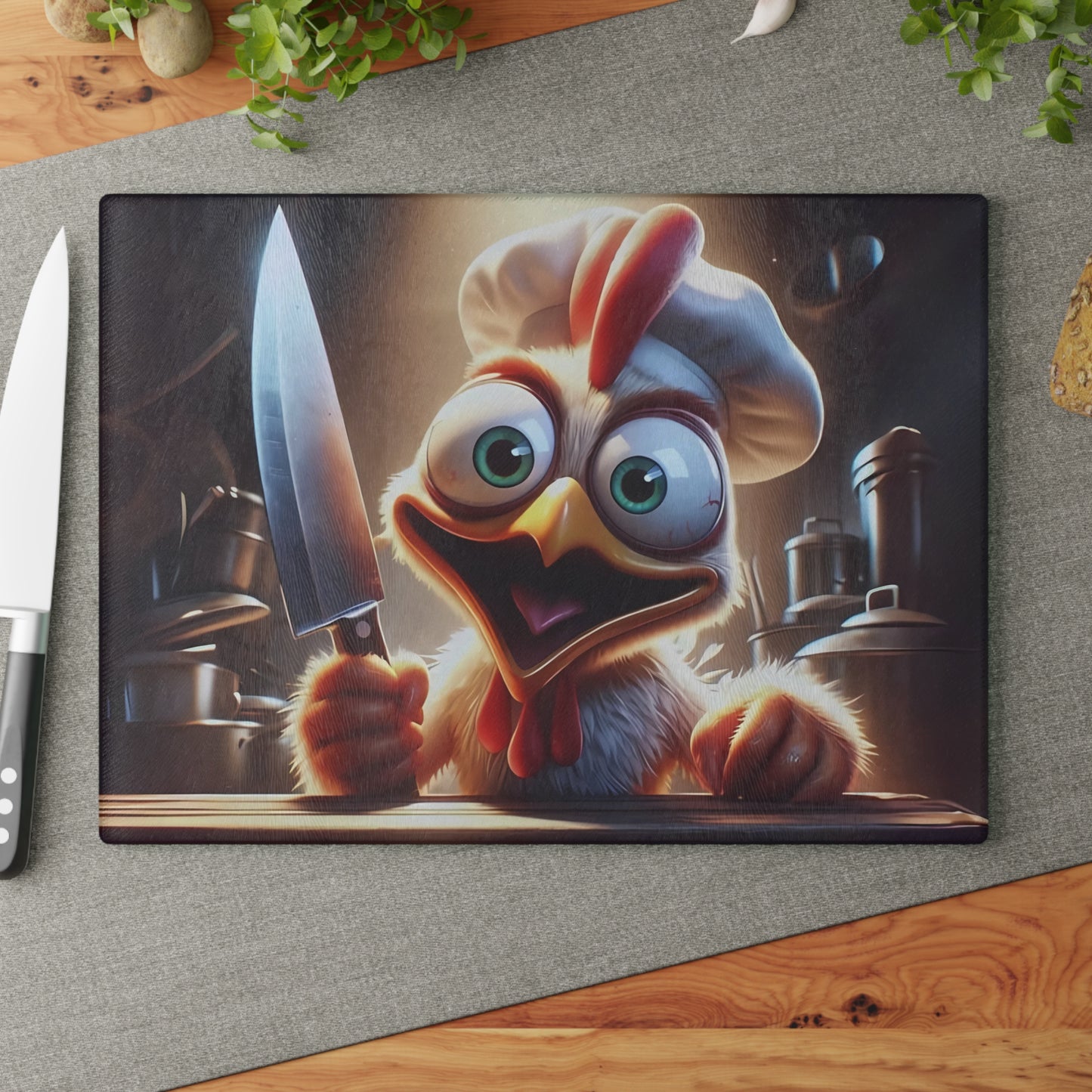 Tabla de cortar Crazy Chicken Chef: ¡sembrando el caos en la cocina!