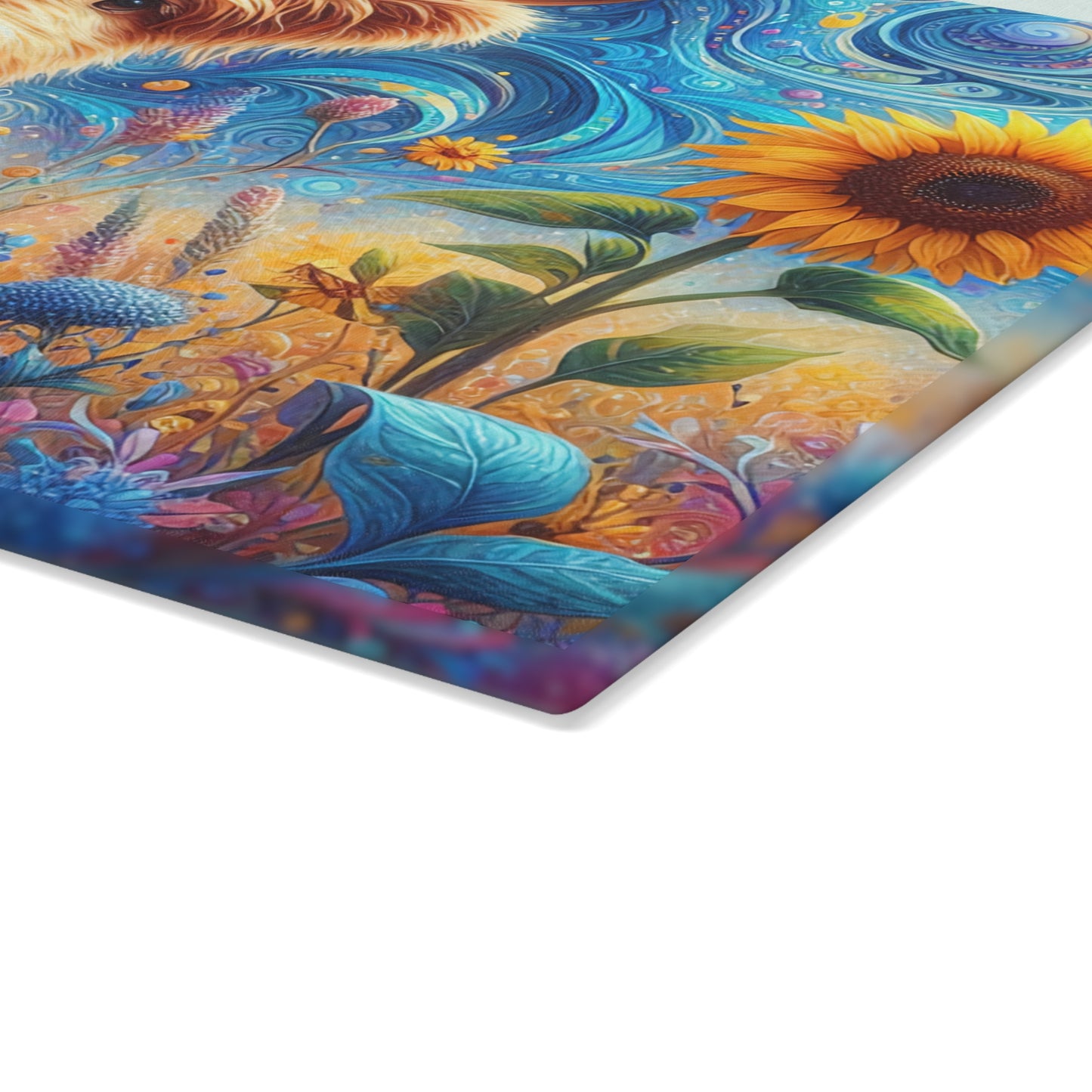 🐮🌻 Whimsy Highland Cow Glass Cutting Board – Floral Fantasy Farmhouse Style