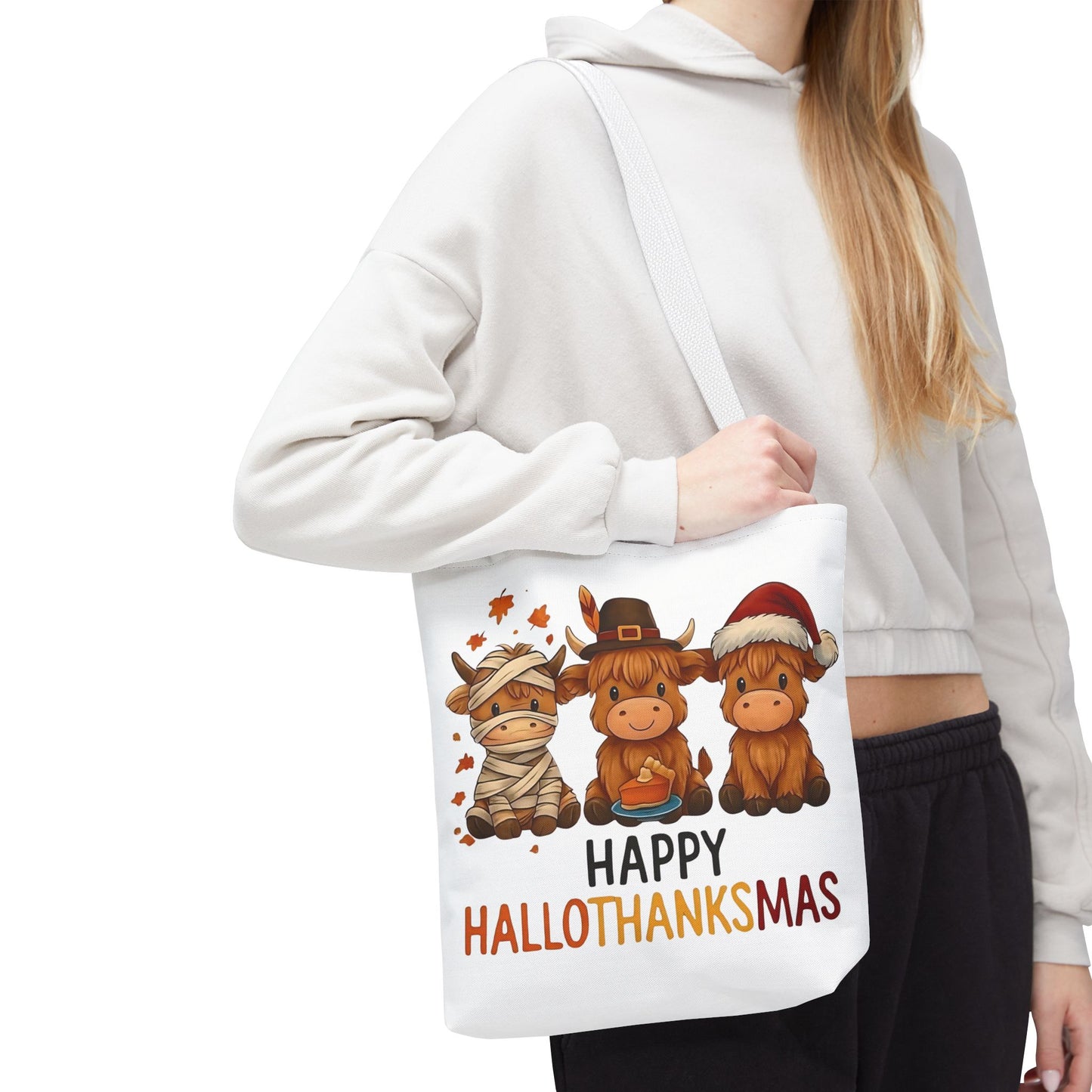 🐮 Happy Hallothanksmas Highland Cow Tote Bag – Holiday Fun All Season 🎃🦃🎄👜