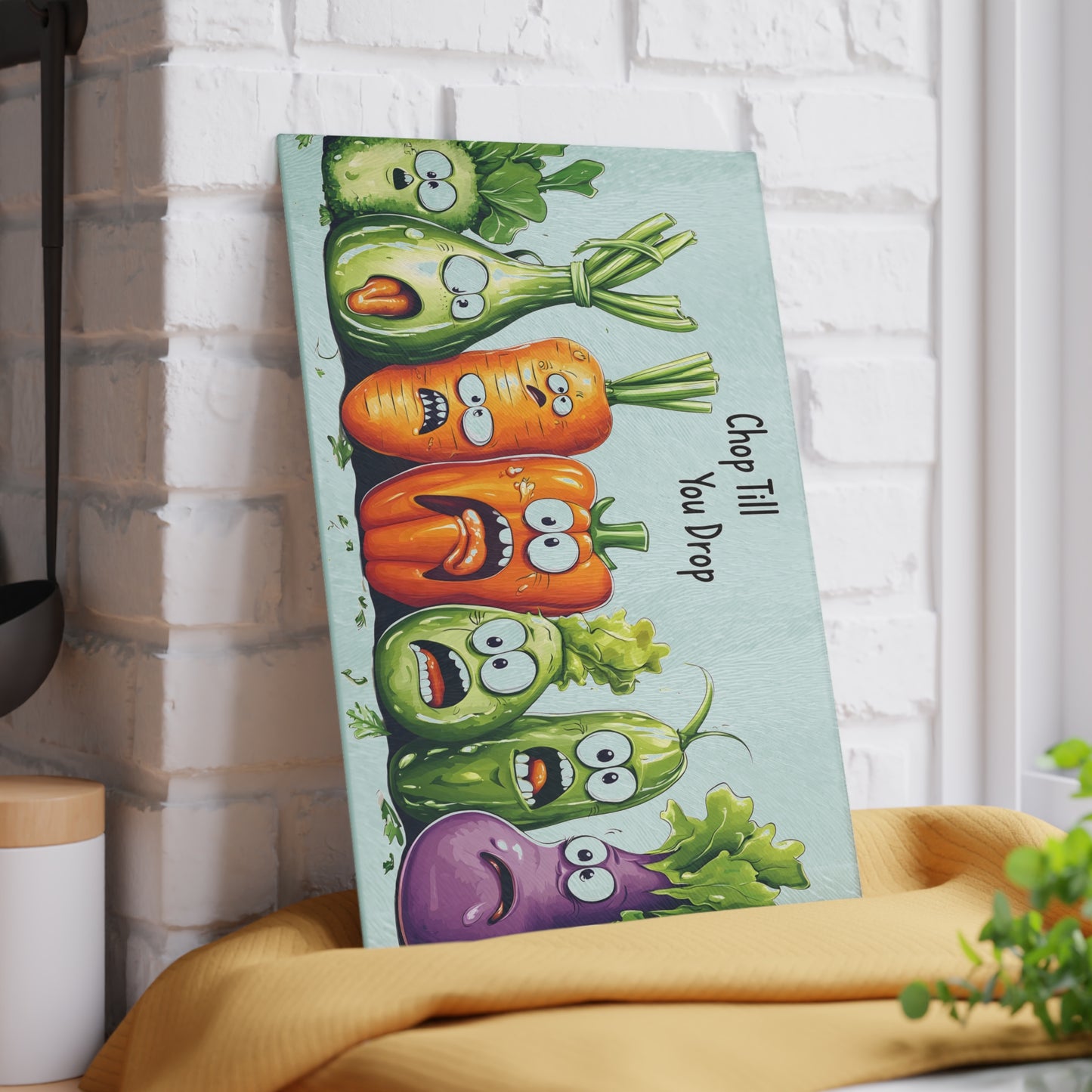 Tabla de cortar de vidrio “Chop Till You Drop” – Verduras que gritan y humor negro de cocina 😱🍅