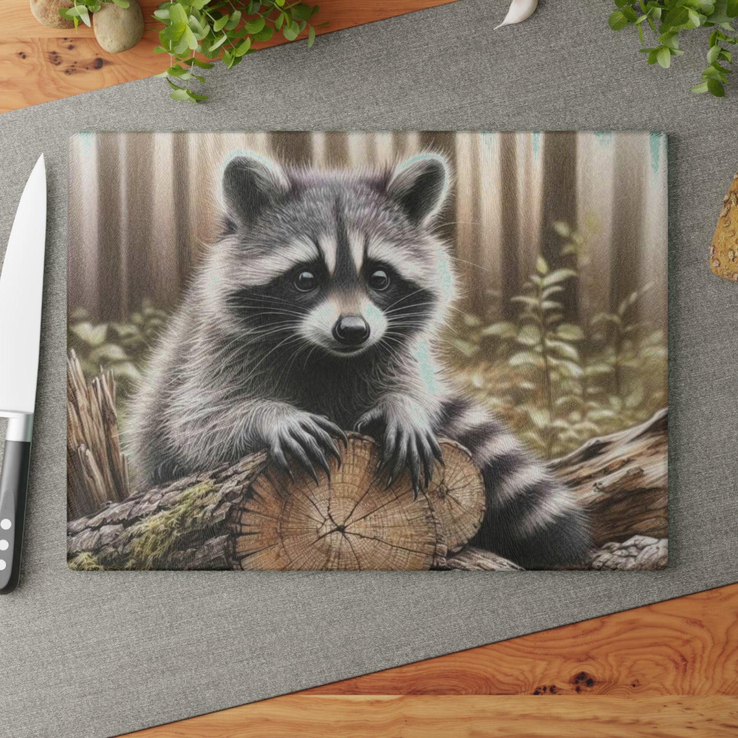 Tabla de cortar con diseño de mapache curioso: el encanto rústico se fusiona con la fantasía del bosque