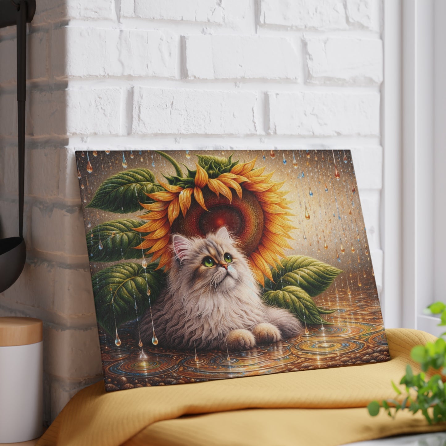 Sunflower Rain Cat Glass Cutting Board – Whimsical Floral Cat Kitchen Art & Display Board