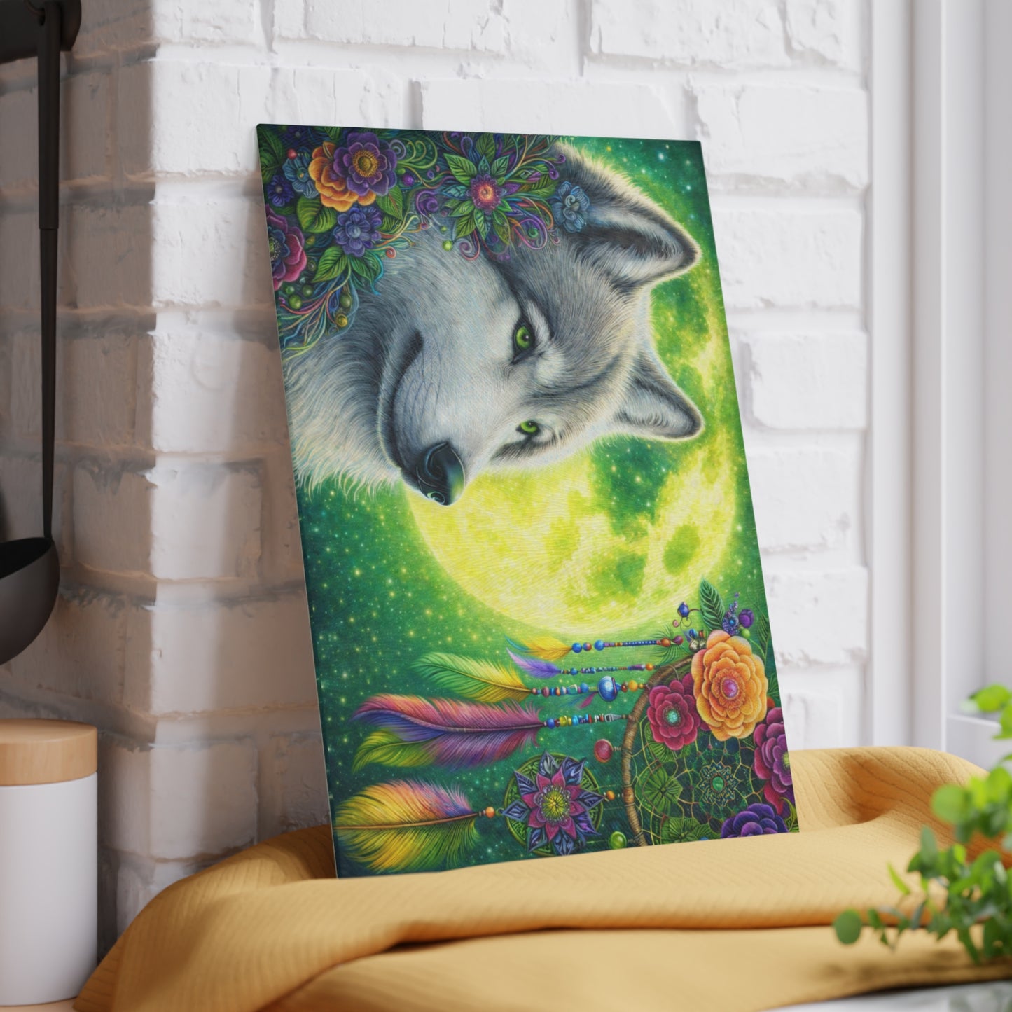 Moonlit Spirit Wolf Glass Cutting Board – Colorful Dreamcatcher Wildlife Kitchen Art