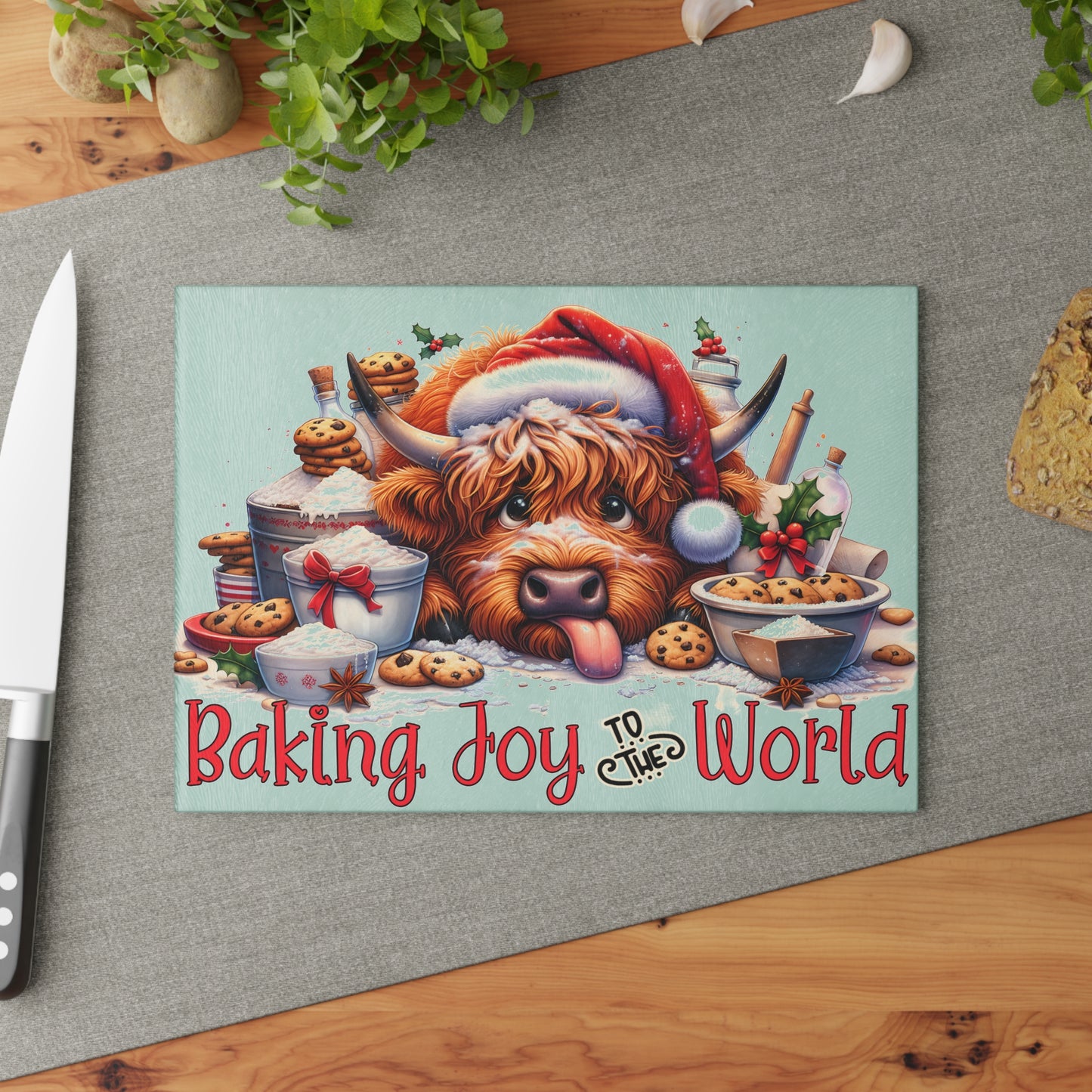 Baking Joy to the World Cow Cutting Board – Cozy Christmas Kitchen Cheer