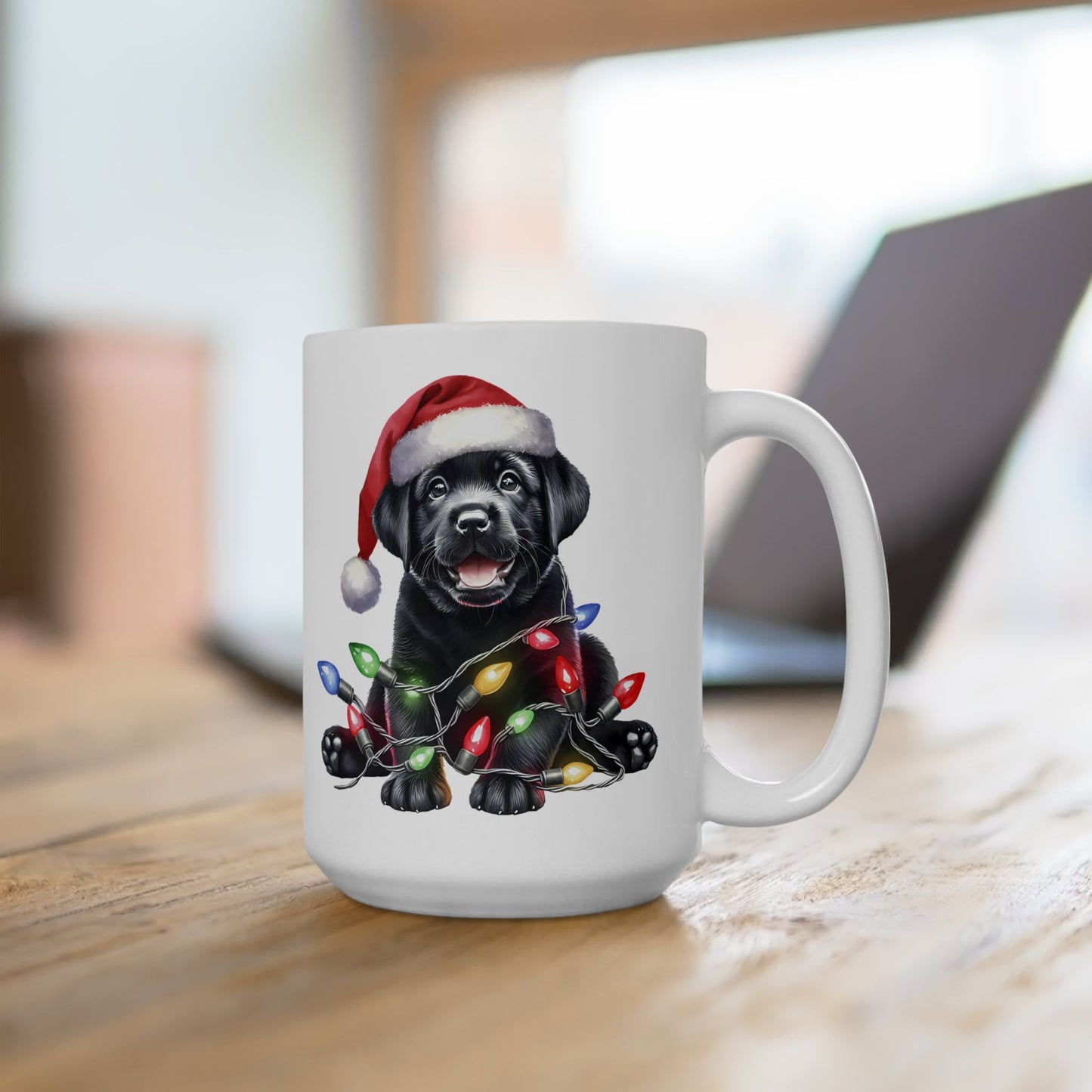 🎄 Labrador Puppy Christmas Mug – Santa Hat & Holiday Lights Cheer 🐾