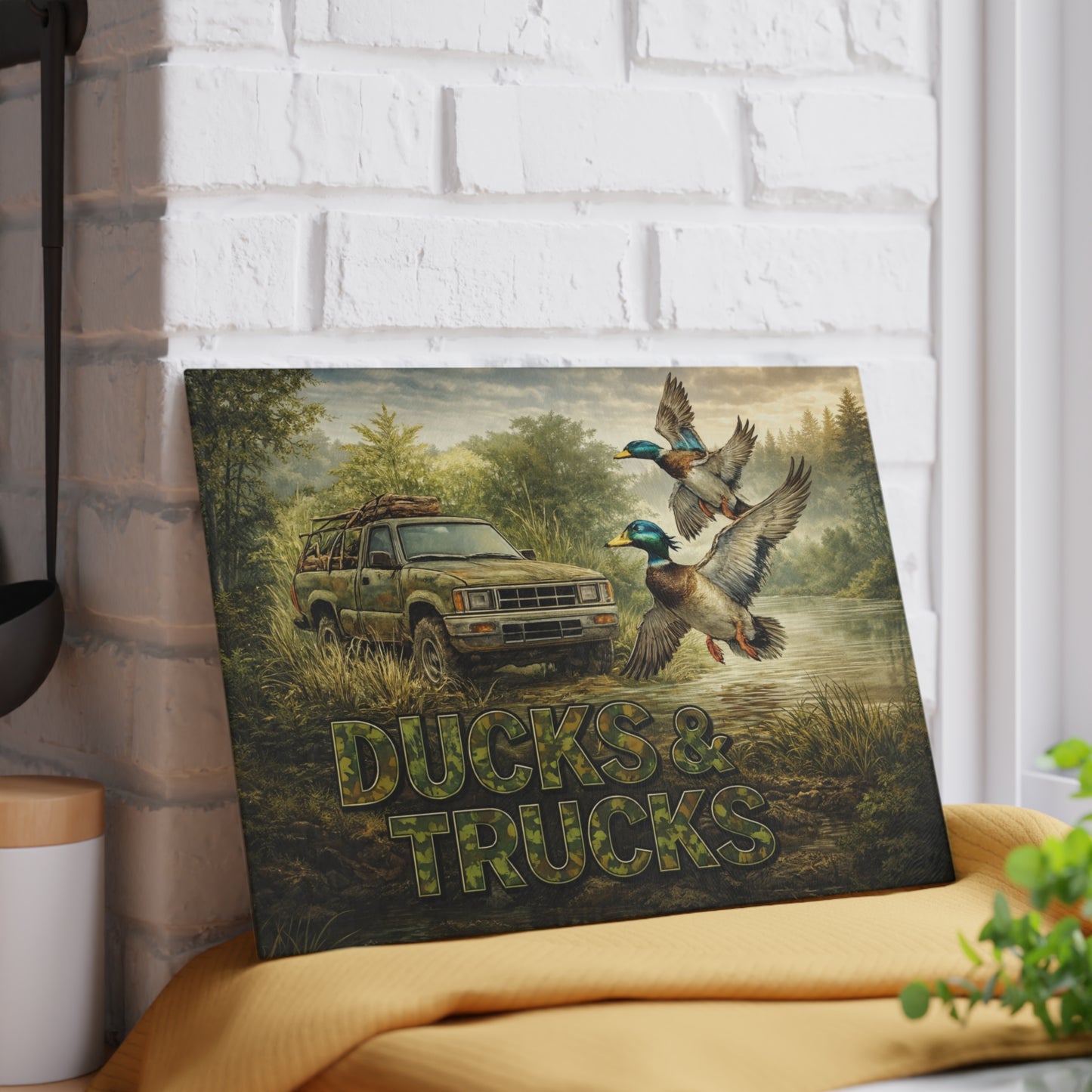 Ducks & Trucks Glass Cutting Board – Rustic Hunting Scene Kitchen Art & Display Board
