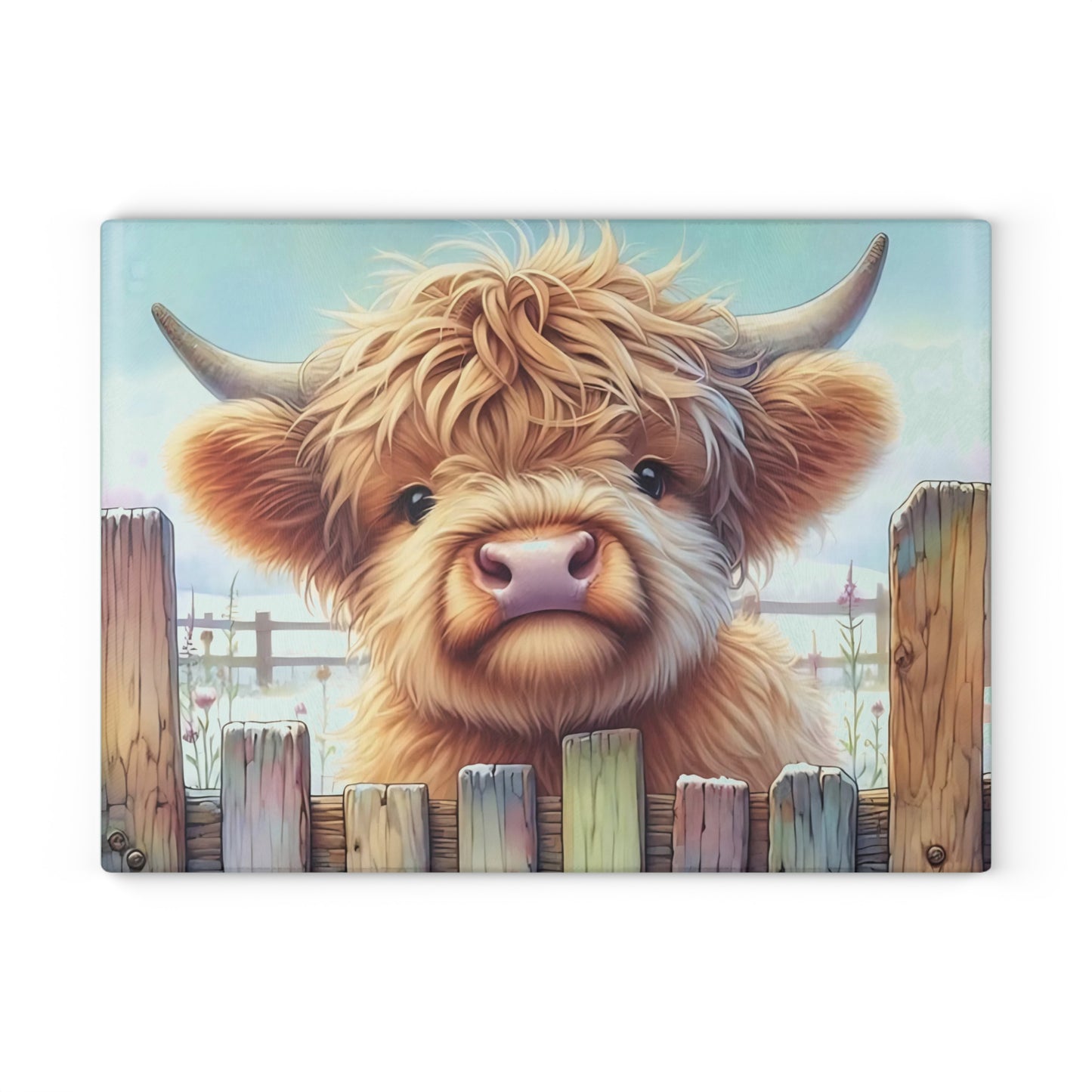 🐄 Highland Cow Looking Over a Wooden Fence Glass Cutting Board 🪵