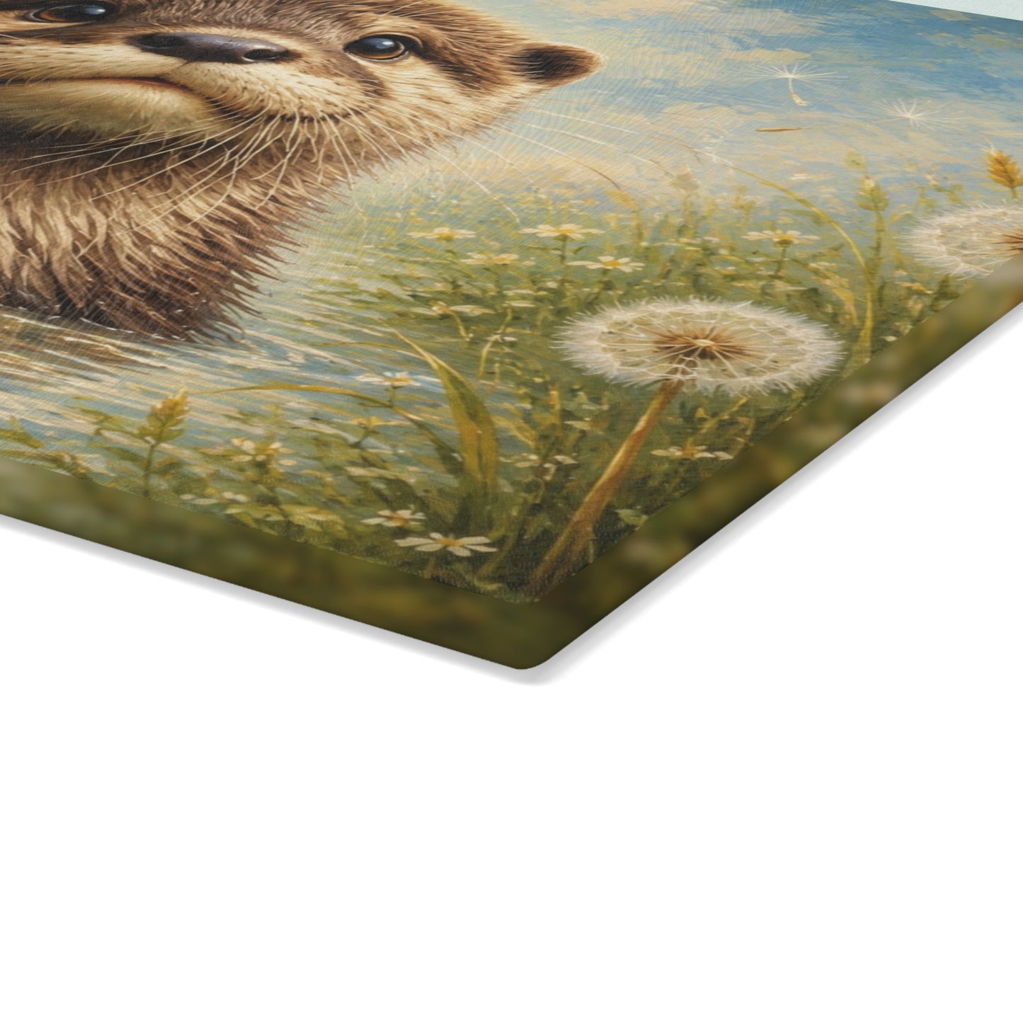 Gentle Meadow Otter Glass Cutting Board – Whimsical Wildlife Art with Soft Nature Tones