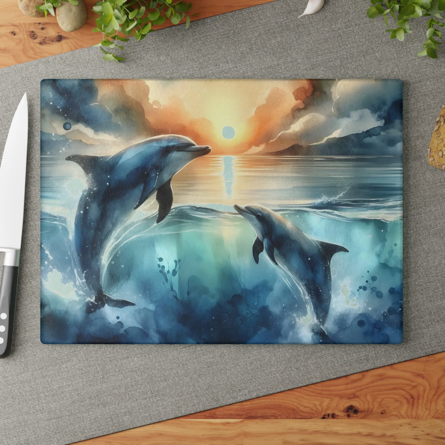 🌊🐬 Ocean Sunset Dolphins Cutting Board – Coastal Elegance for Your Kitchen 🐬🌊