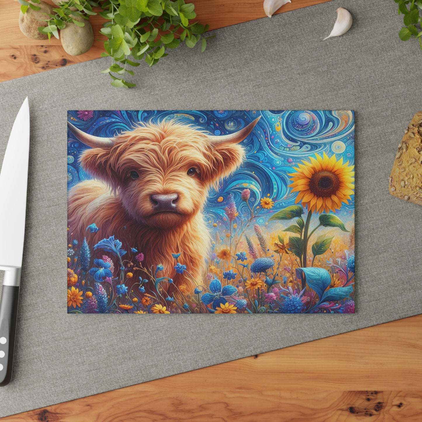 🐮🌻 Whimsy Highland Cow Glass Cutting Board – Floral Fantasy Farmhouse Style