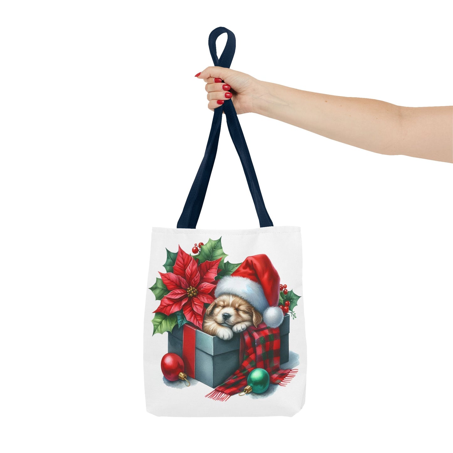 🎁 Sleeping Puppy in Gift Box Christmas Tote – Cozy Holiday Charm for Dog Lovers 🐾