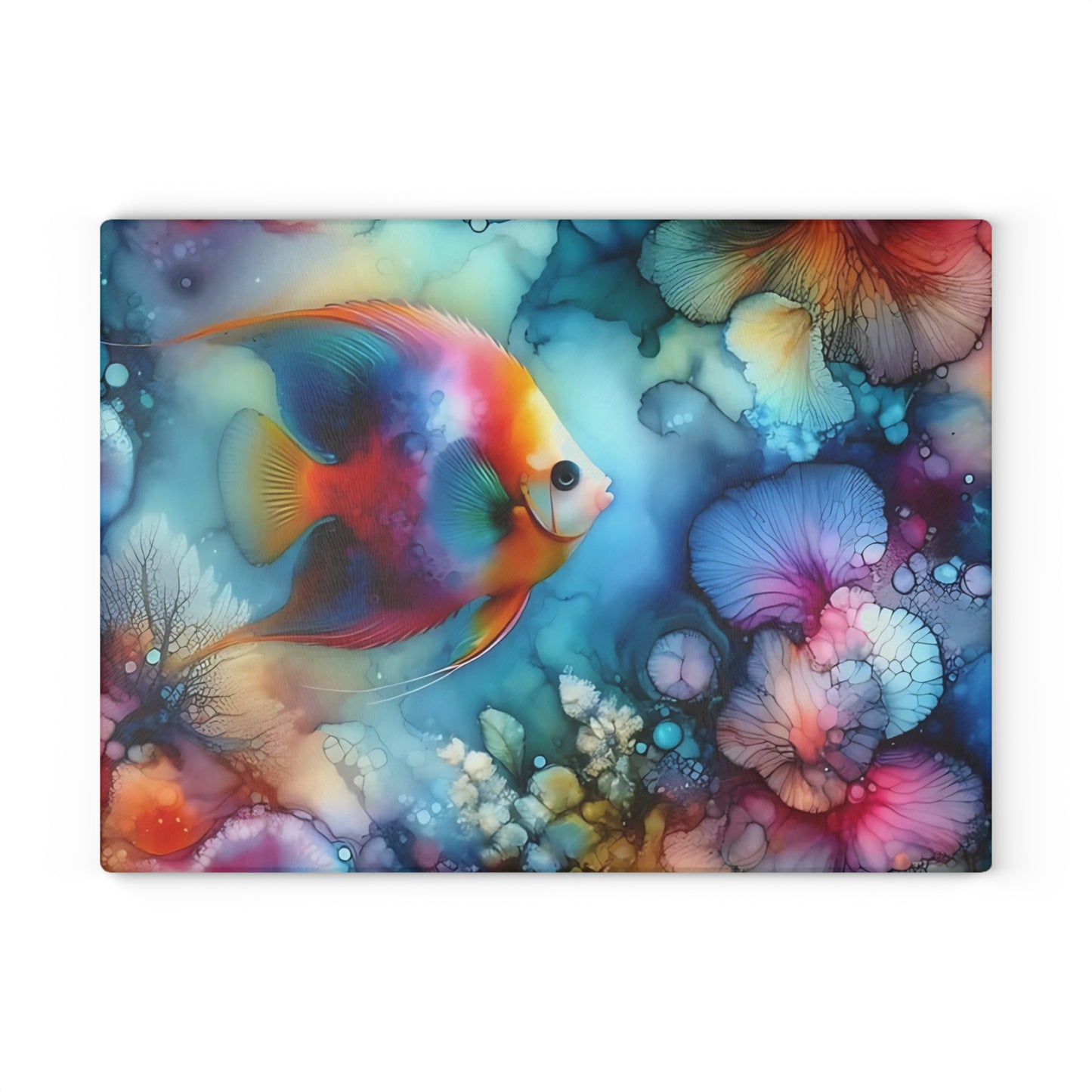 Tabla de cortar de vidrio con diseño de peces tropicales: arte oceánico con acuarela vibrante para exhibir en la cocina