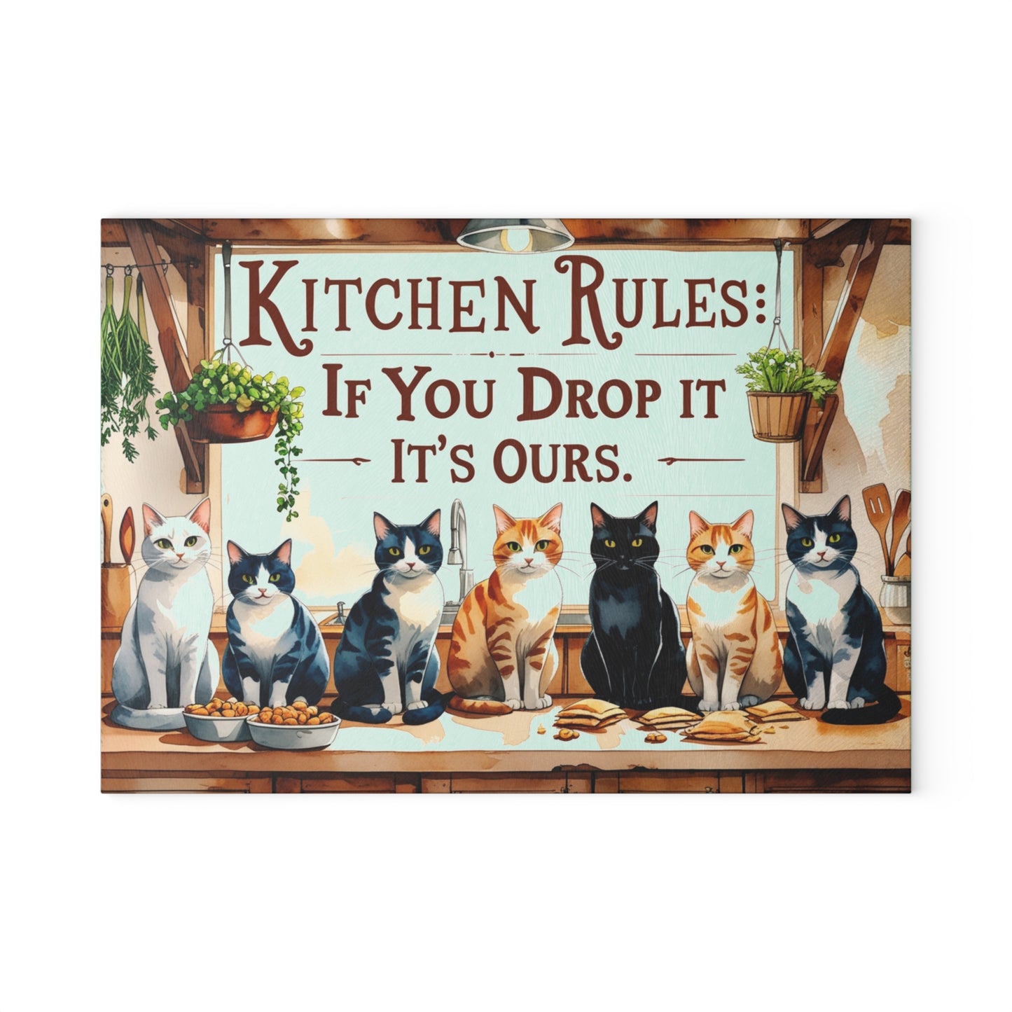 🐱🍴 Kitchen Rules Cat Cutting Board – “If You Drop It, It’s Ours” 🍴🐱
