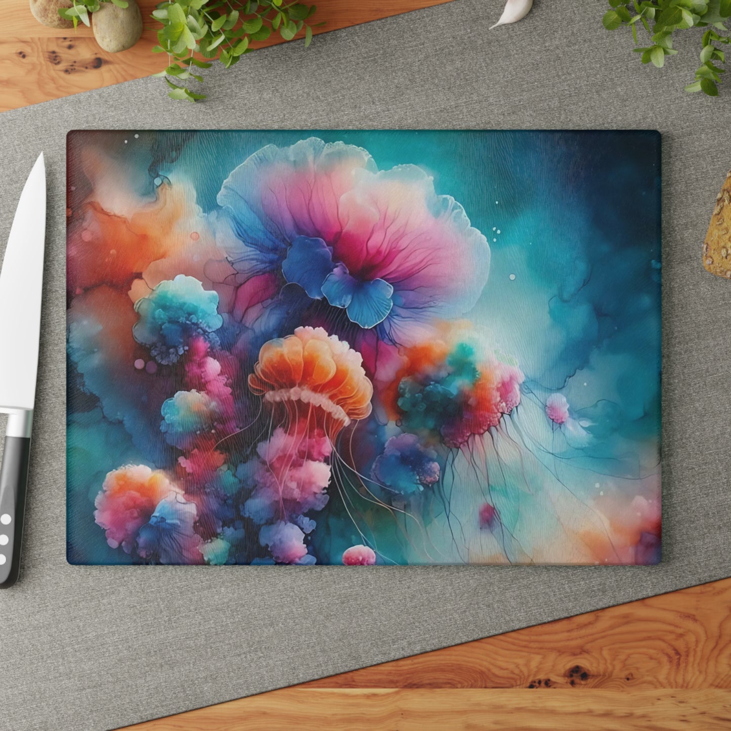 Tabla de cortar de vidrio con medusas de acuarela: fantasía oceánica vibrante para cocinas costeras