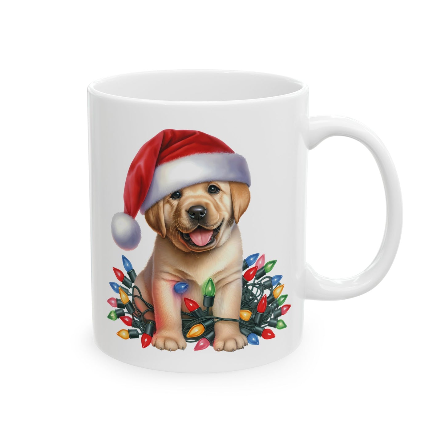 🎄 Labrador Puppy Christmas Mug – Santa Hat & Holiday Lights Cheer 🐾