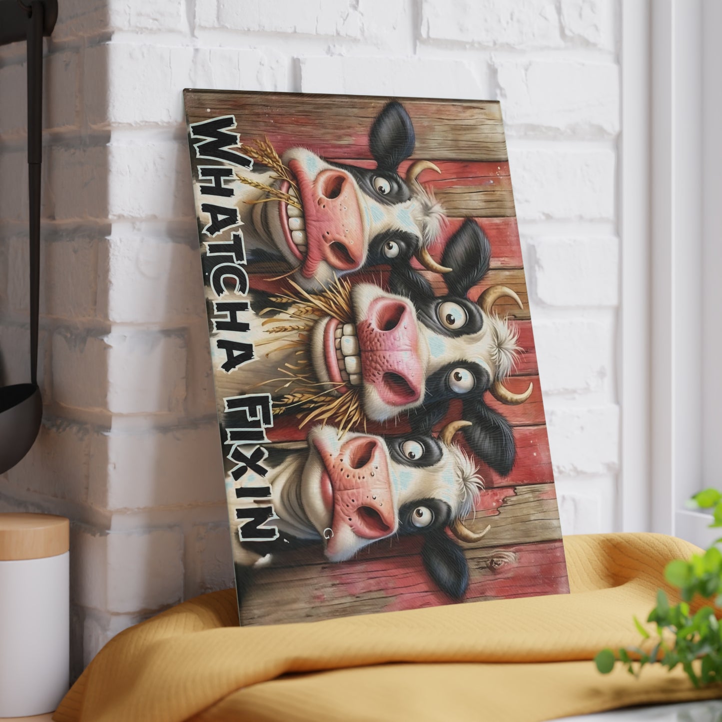🐄 Whatcha Fixin’ Cow Trio Cutting Board – Funny Farmhouse Kitchen Décor with Rustic Charm