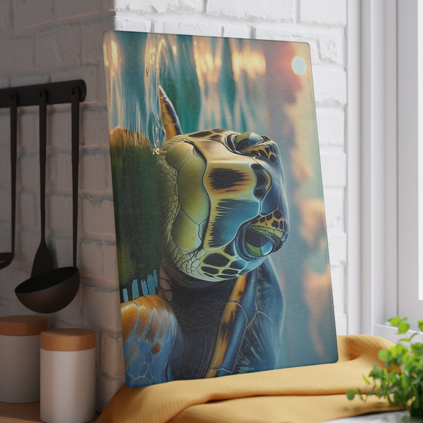 Tabla de cortar de vidrio con diseño de tortuga marina | Decoración de cocina con ambiente costero y oceánico
