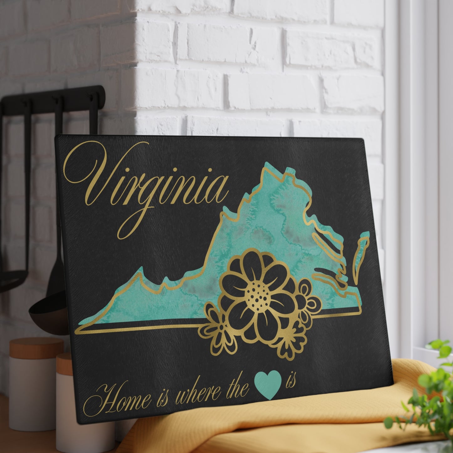🌊 Virginia Floral State Cutting Board – Teal Tide & Golden Bloom Elegance 🌸