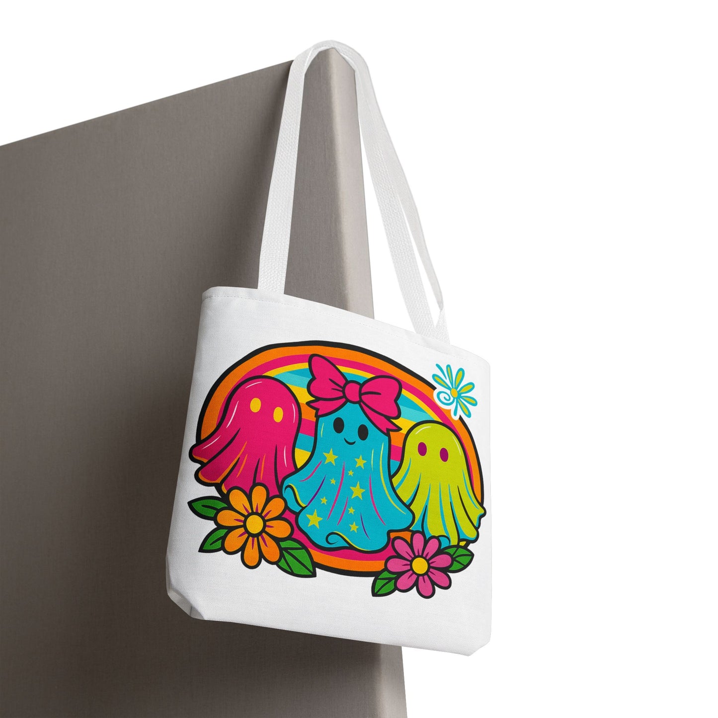 ๐ Retro Rainbow Ghosts Tote Bag โ Groovy Spooky Fun ๐ป๐