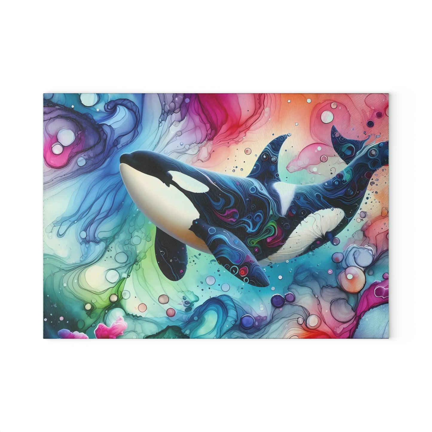 Tabla de cortar de vidrio con orca en acuarela: arte oceánico audaz para cocinas artísticas