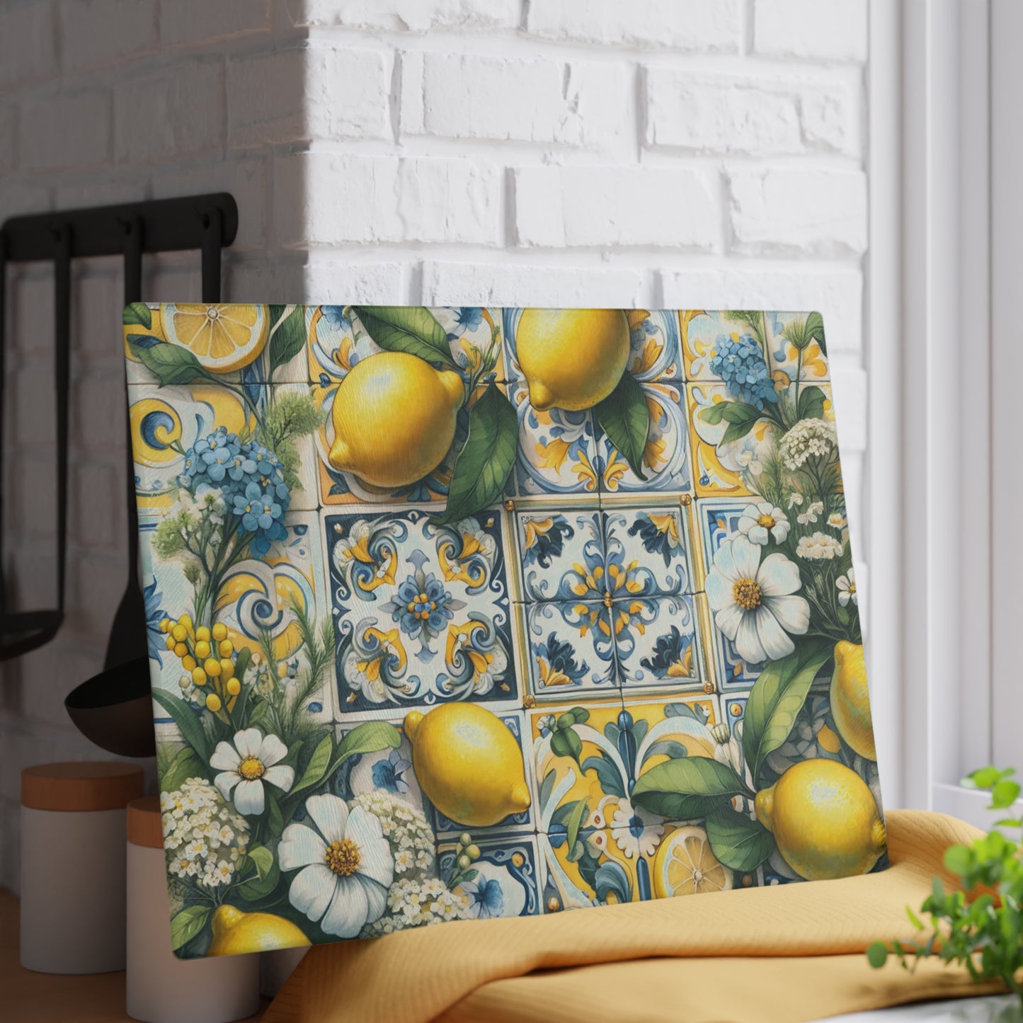 🍋🌼 Lemon Tile Floral Cutting Board – Mediterranean Charm for Your Kitchen 🌸🍋