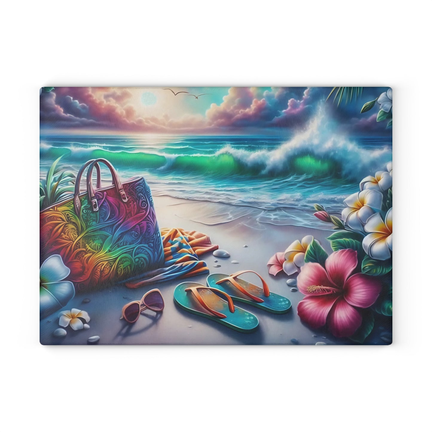 Tabla de cortar de vidrio "Día de Playa Tropical" - Decoración de cocina con ambiente veraniego, decoración costera, arte oceánico, regalo playero, tabla de cortar de vidrio, decoración de cocina tropical, aspecto pintado a mano, escena playera