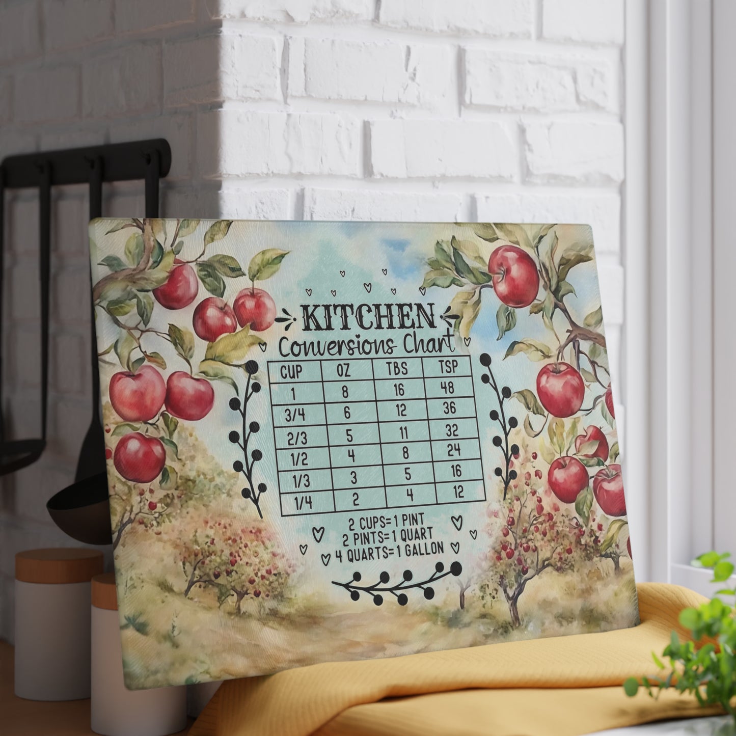 🍎📏 Apple Orchard Kitchen Conversions Cutting Board – Rustic Farmhouse Charm with Helpful Measurements 🌿🥧