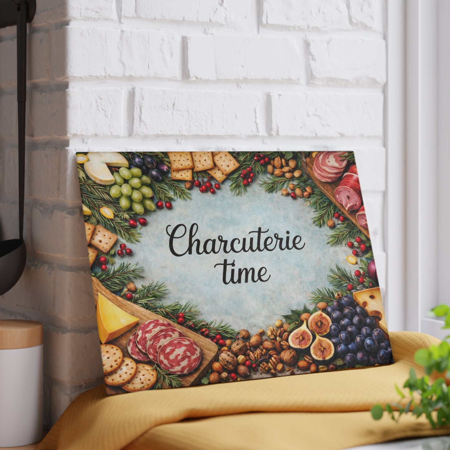 “Charcuterie Time” Festive Entertaining Glass Cutting Board – Holiday Kitchen Décor