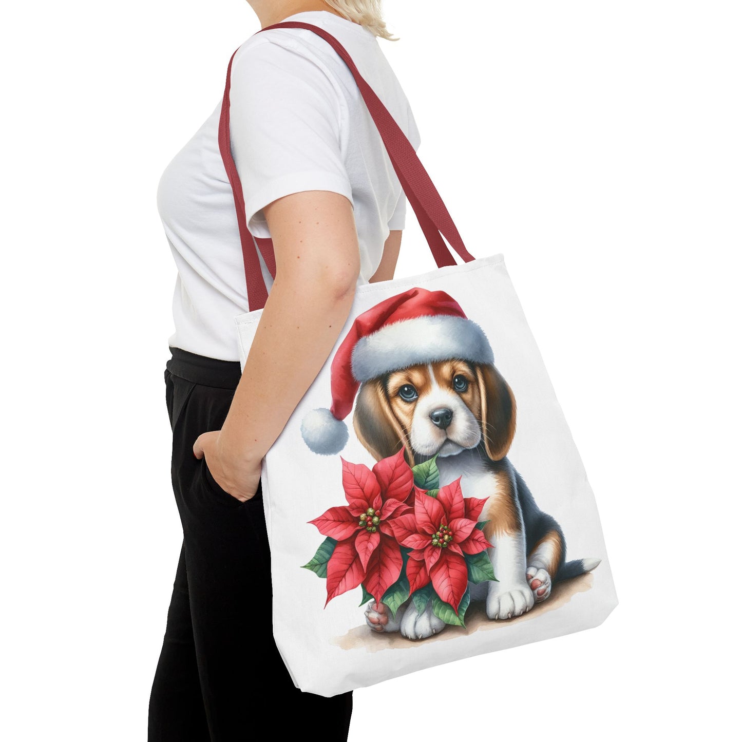 🐶 Beagle Puppy & Poinsettia Christmas Tote Bag – Sweet Holiday Charm in Every Step 🎄